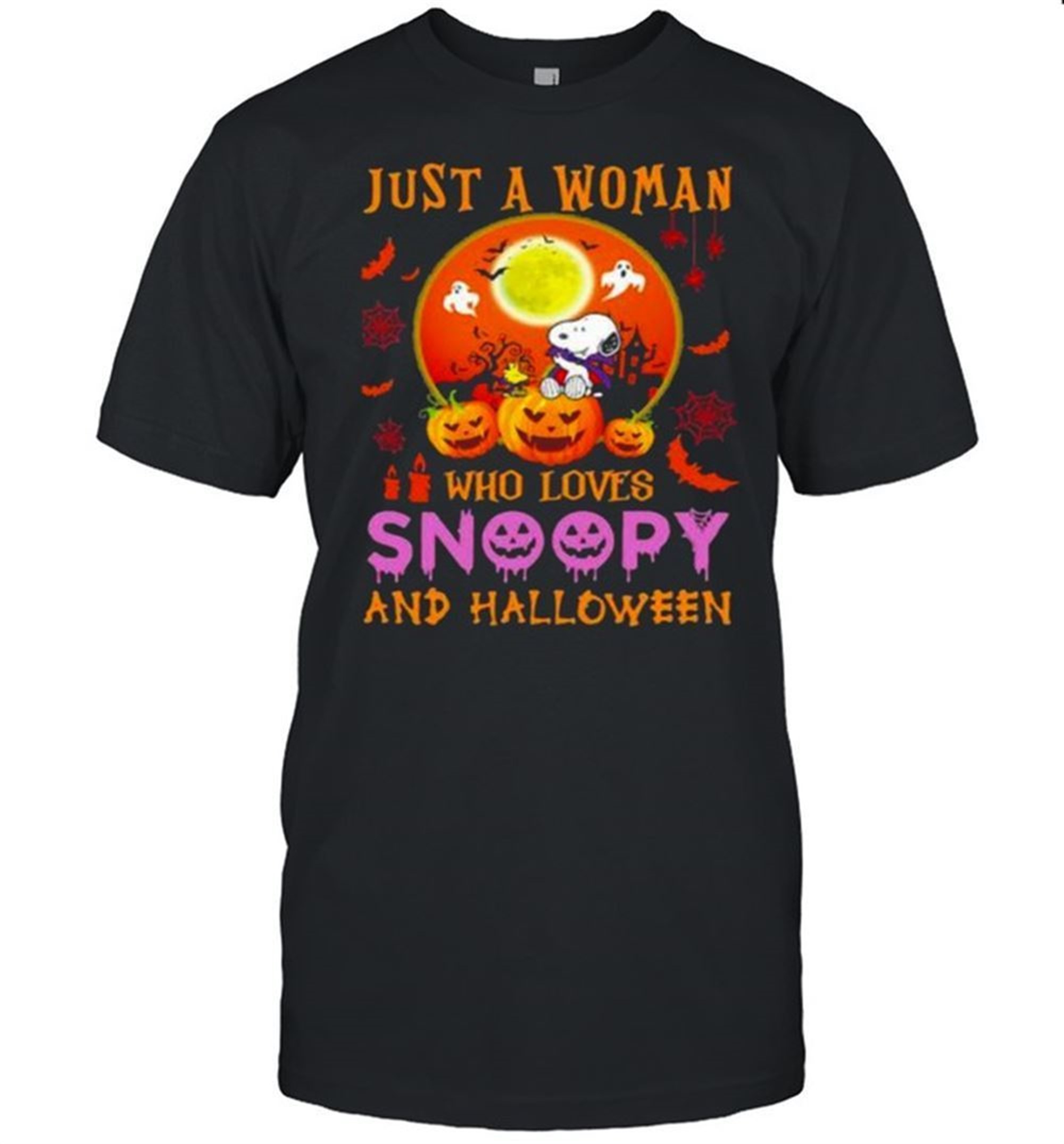 Just A Woman Who Loves Snoopy And Halloween Pumpkin Moon Shirt