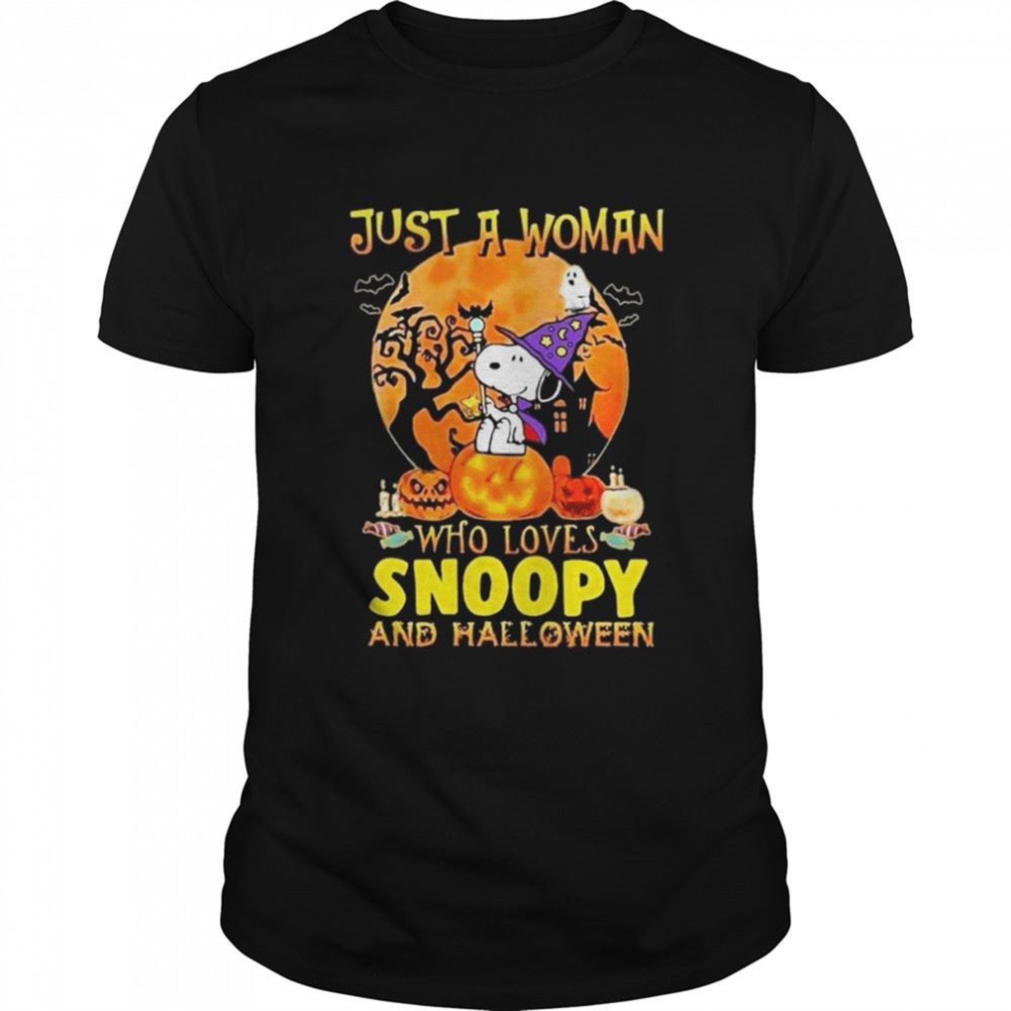 Just A Woman Who Loves Snoopy With Pumpkin And Halloween T-shirt