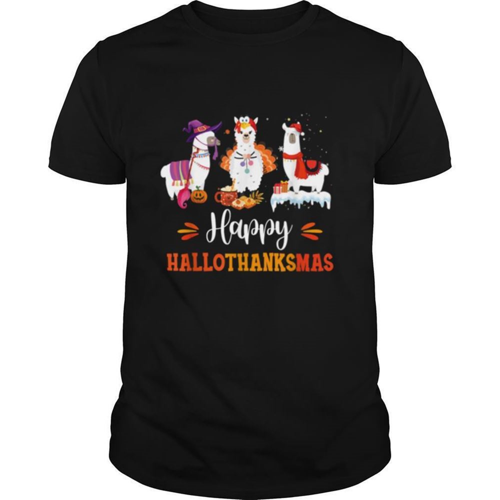 Llama Happy Hallothanksmas Halloween Thanksgiving Xmas Shirt