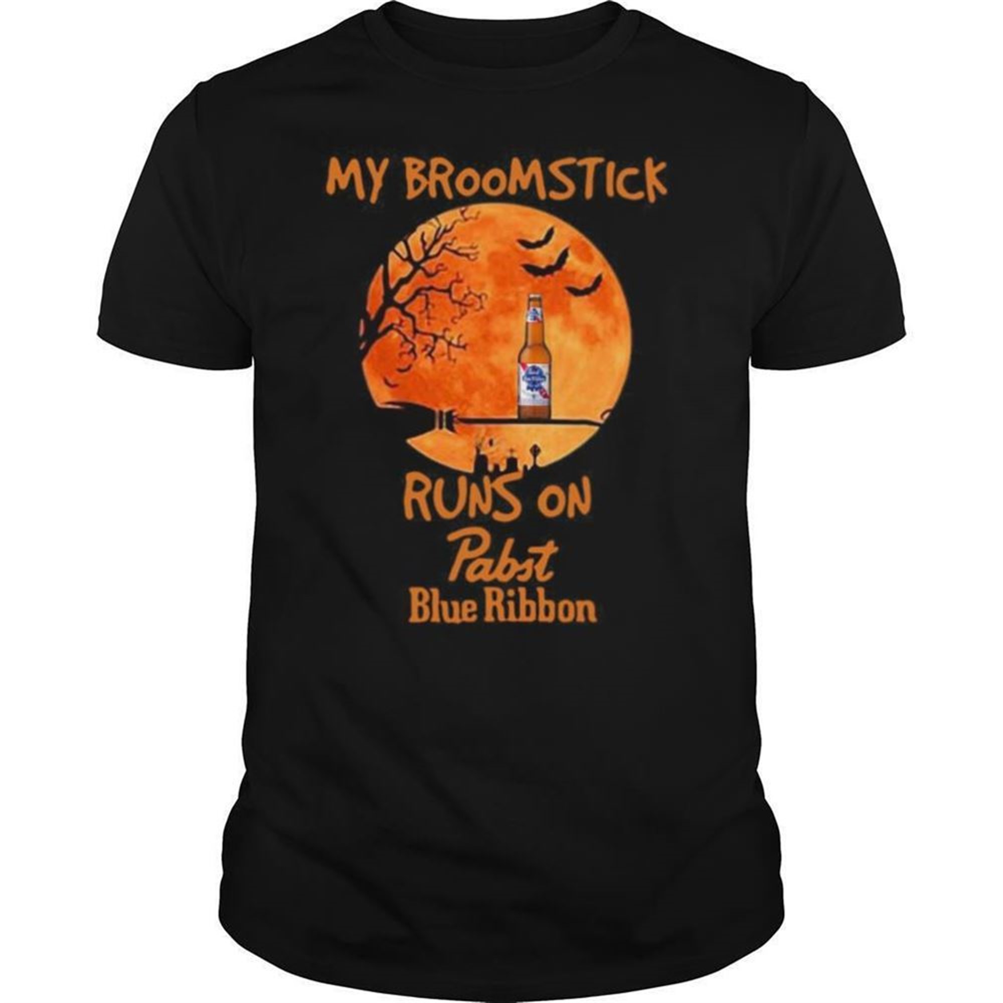 My Broomstick Runs On Pabst Blue Ribbon Moon Halloween Shirt