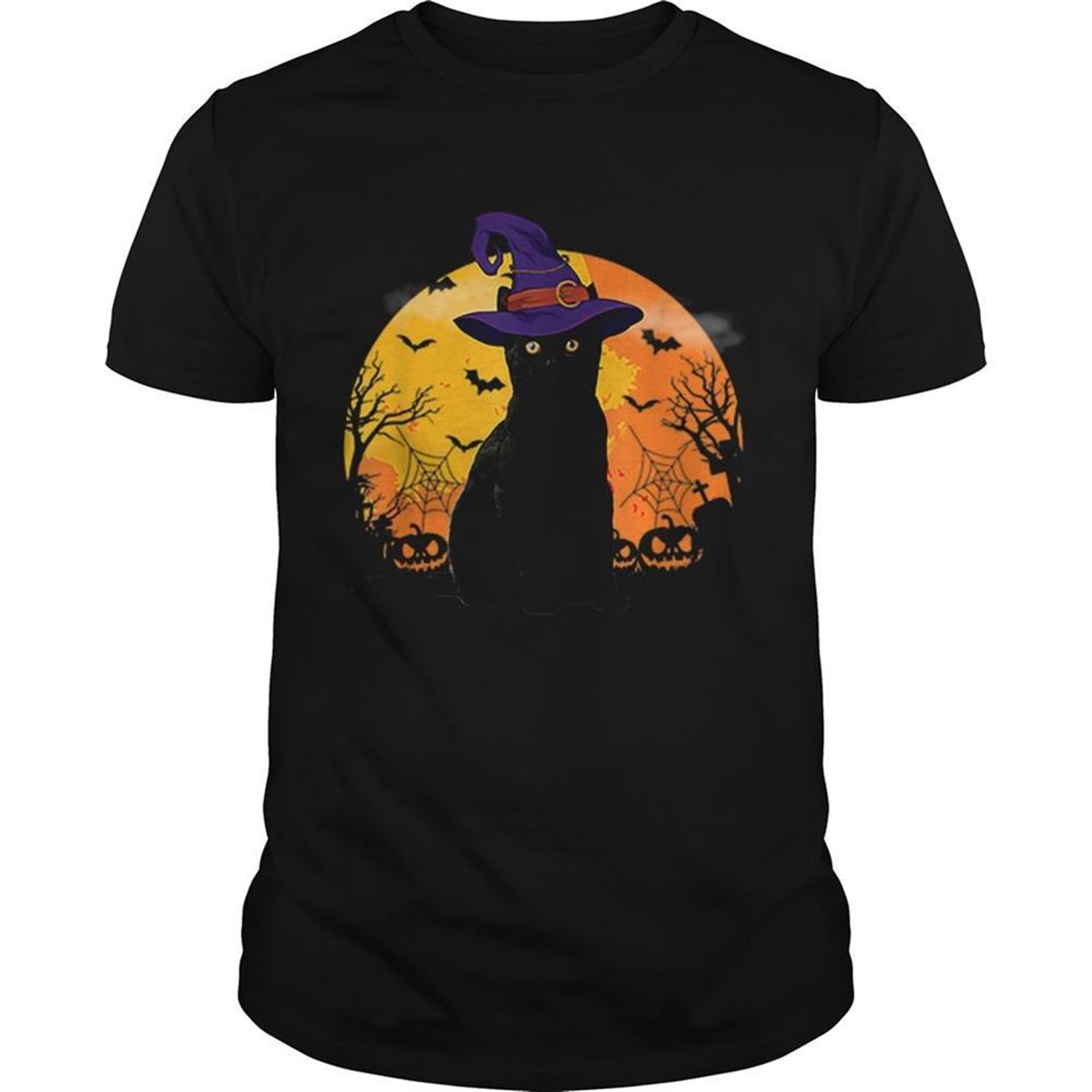 Nice Vintage Scary Costume Halloween Black Cat Witch Hat Moon Shirt