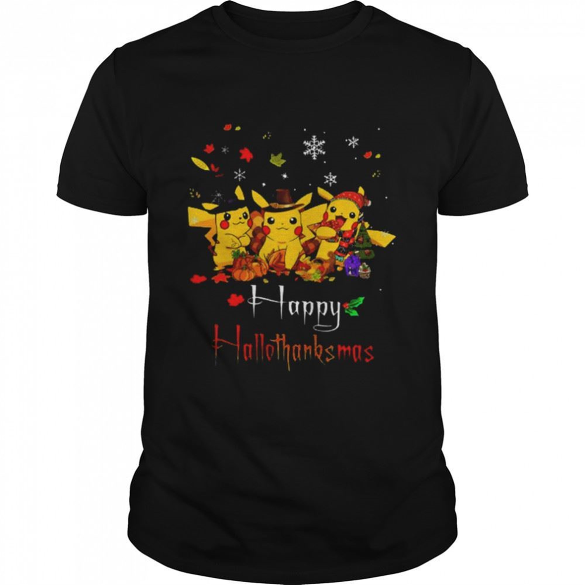 Pikachu Halloween And Christmas Happy Hallothanksmas Pokemon Christmas T-shirt