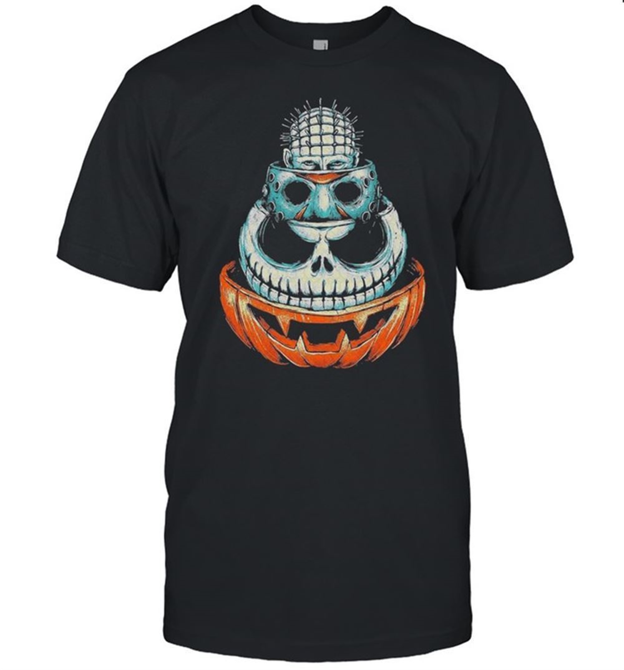 Pinhead Jason Voorhees Jack Skeleton And Pumpkin Halloween Shirt