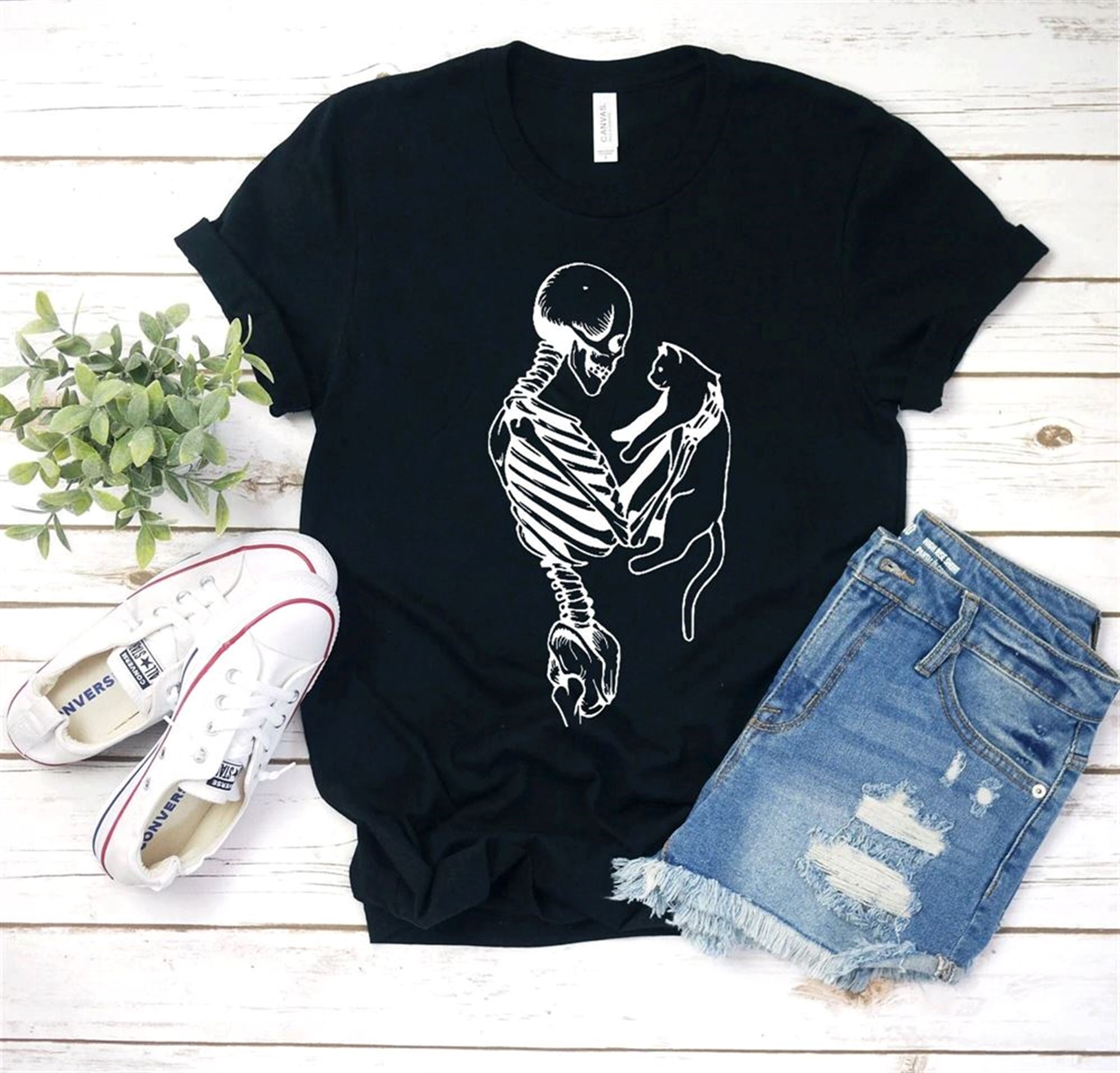 Skeleton And Cat Shirt Gifts For Cat Lovers Shirt Cat Lady Gift Cat Mom Cat Clothing Cat Dad Cat Tee Halloween Shirt Skeleton Love