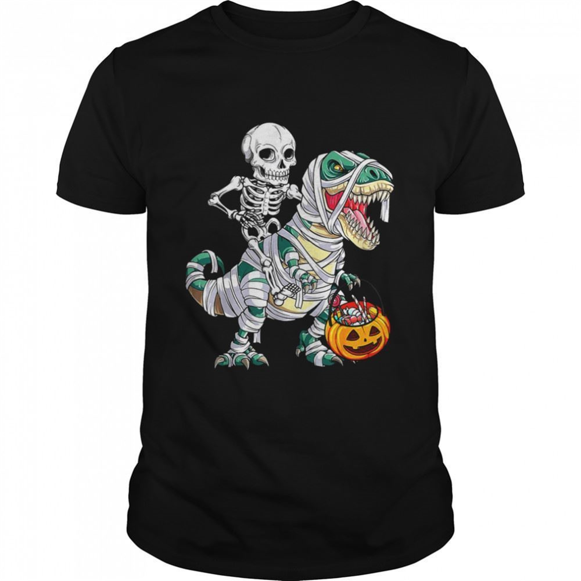 Skeleton Riding Mummy Dinosaur T Rex Halloween Boys Shirt