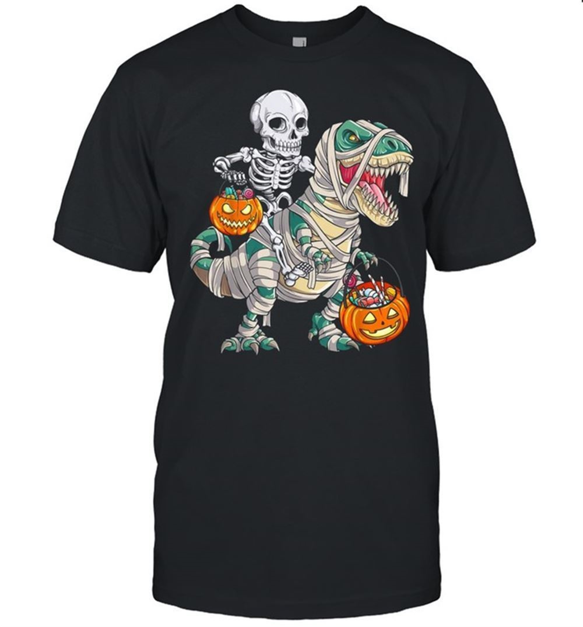 Skeleton Riding Mummy Dinosaur T Rex Halloween Pumpkin Shirt