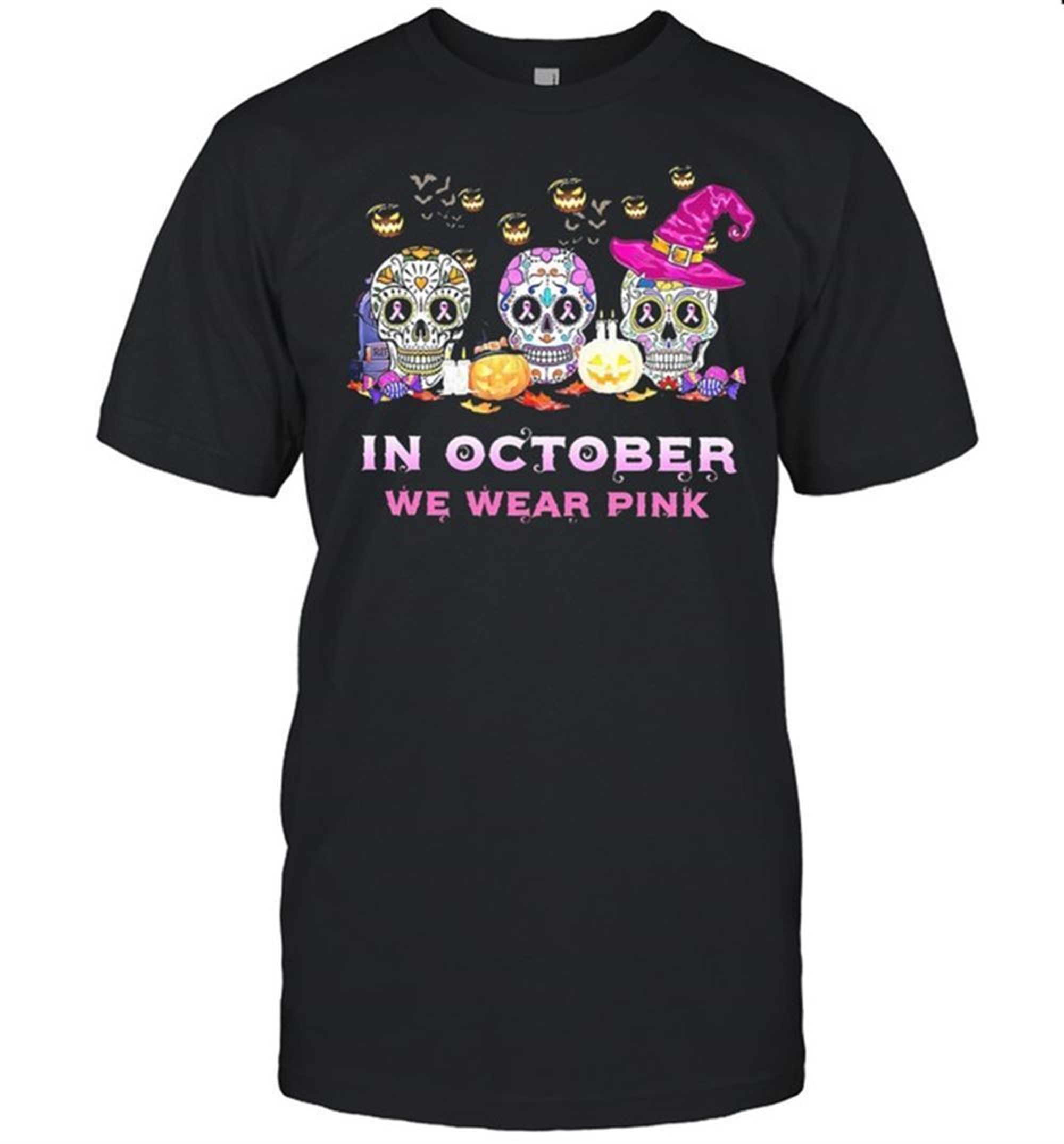 Skull In October We Wear Pink Breast Cancer Halloween Shirt