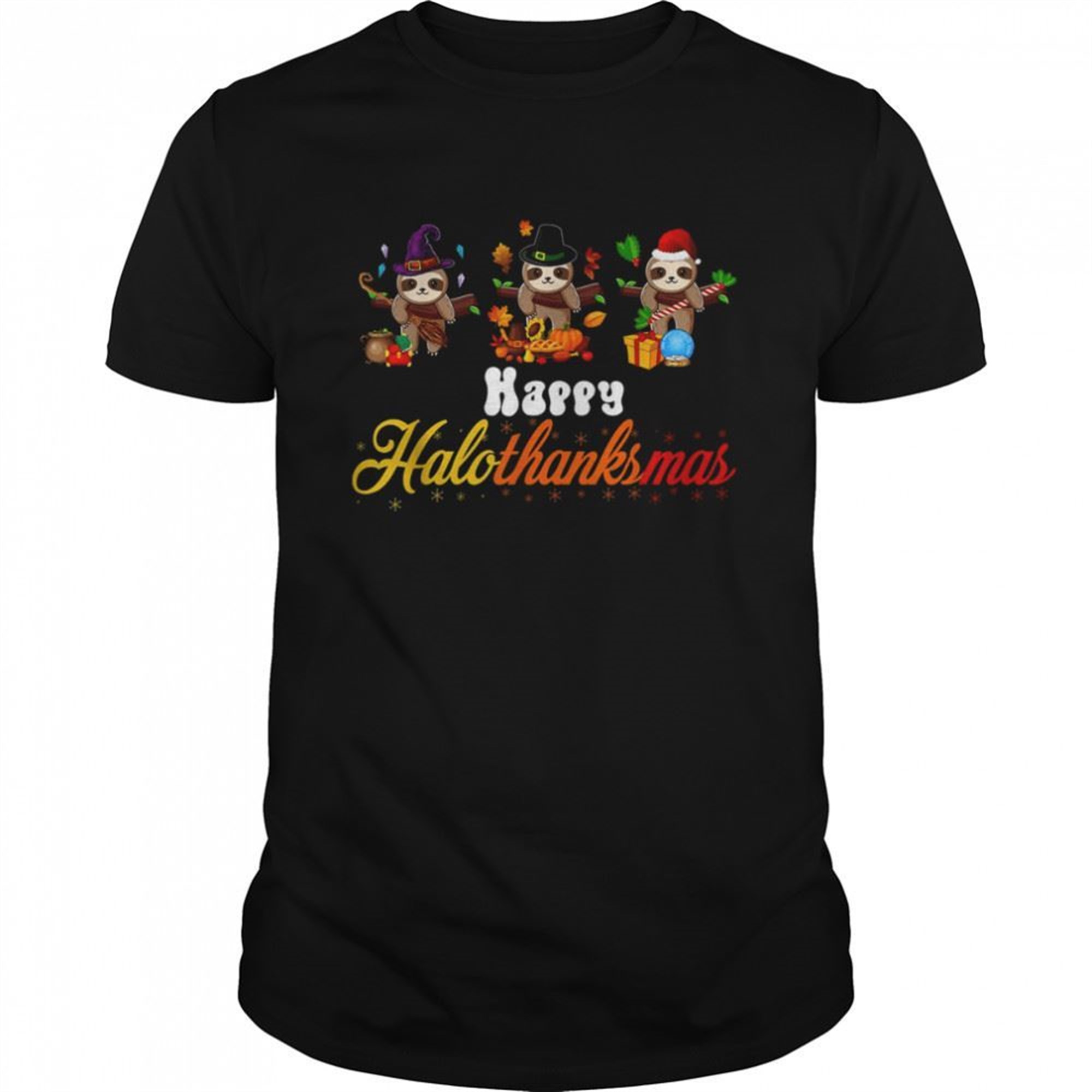 Sloth Halloween Christmas Happy Hallothanksmas Funny Thanksgiving T-shirt