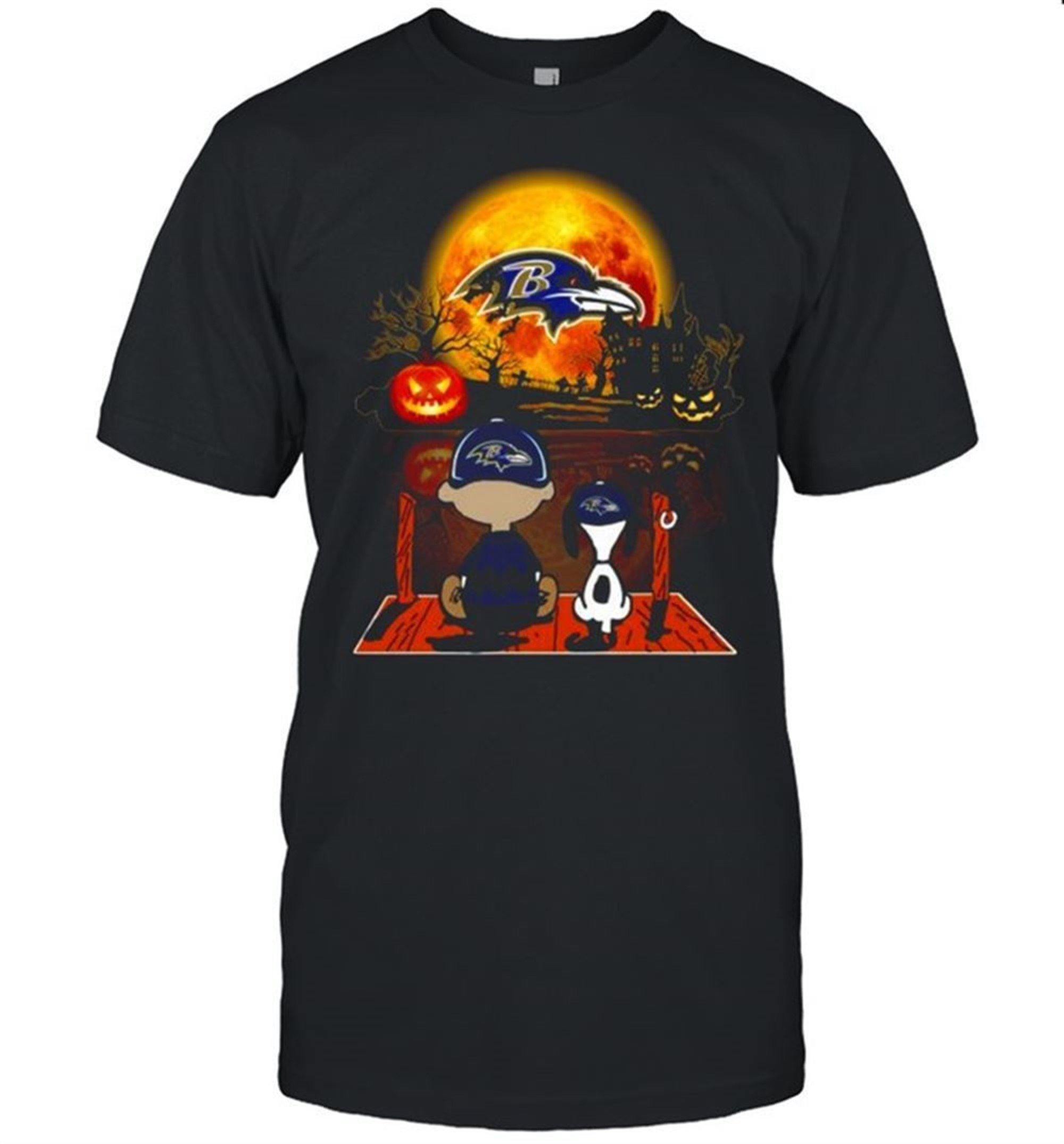 Snoopy And Charlie Brown Pumpkin Baltimore Ravens Halloween Moon Shirt