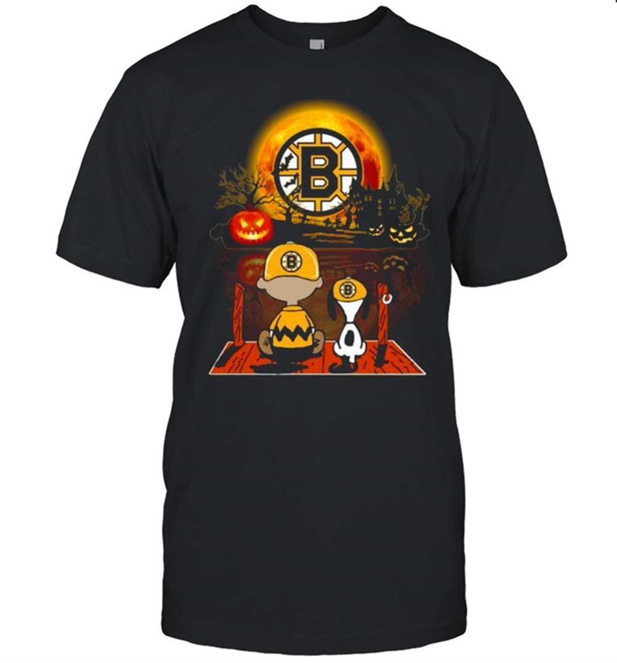 Snoopy And Charlie Brown Pumpkin Boston Bruins Halloween Moon Shirt