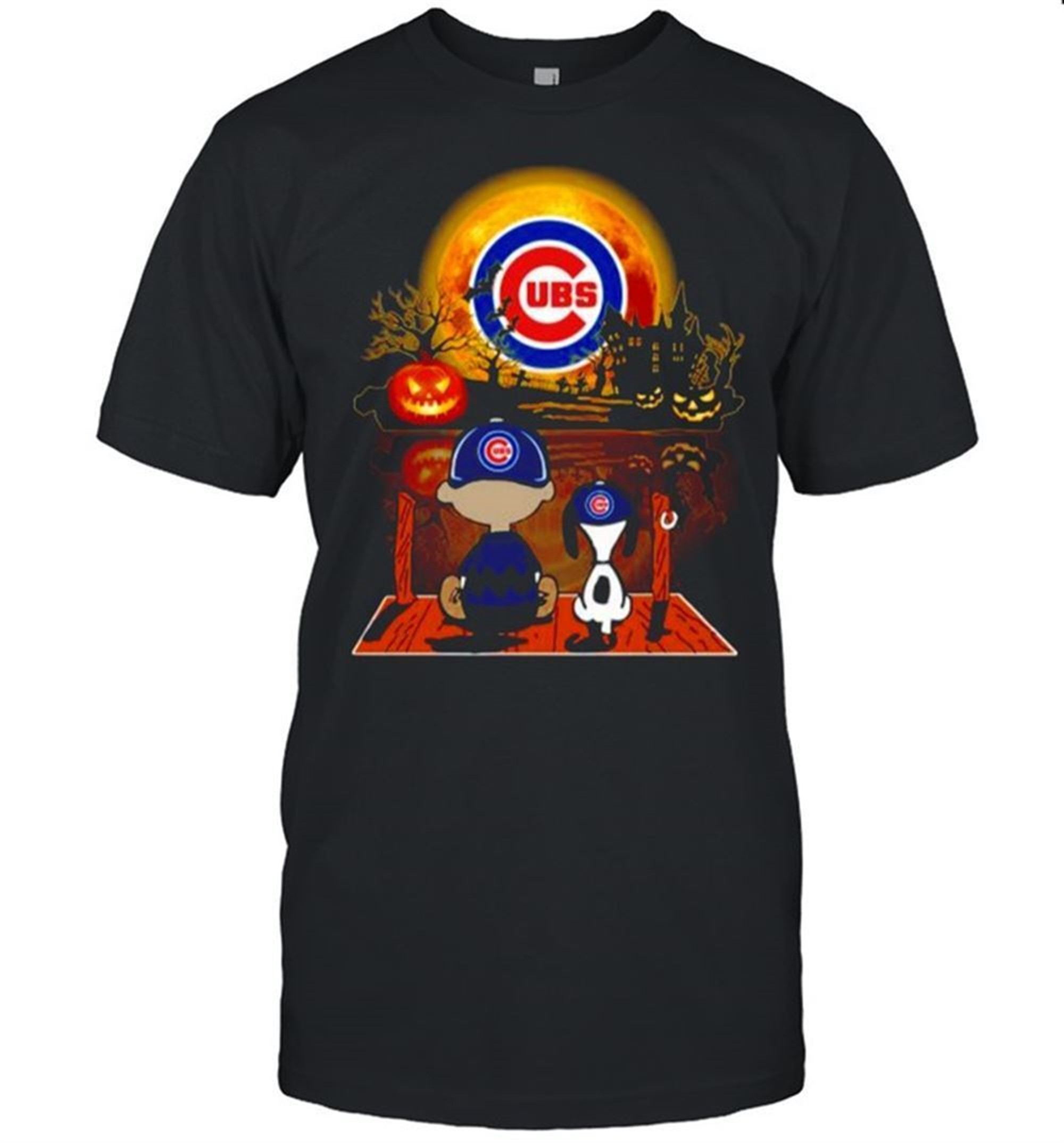 Snoopy And Charlie Brown Pumpkin Chicago Cubs Halloween Moon Shirt