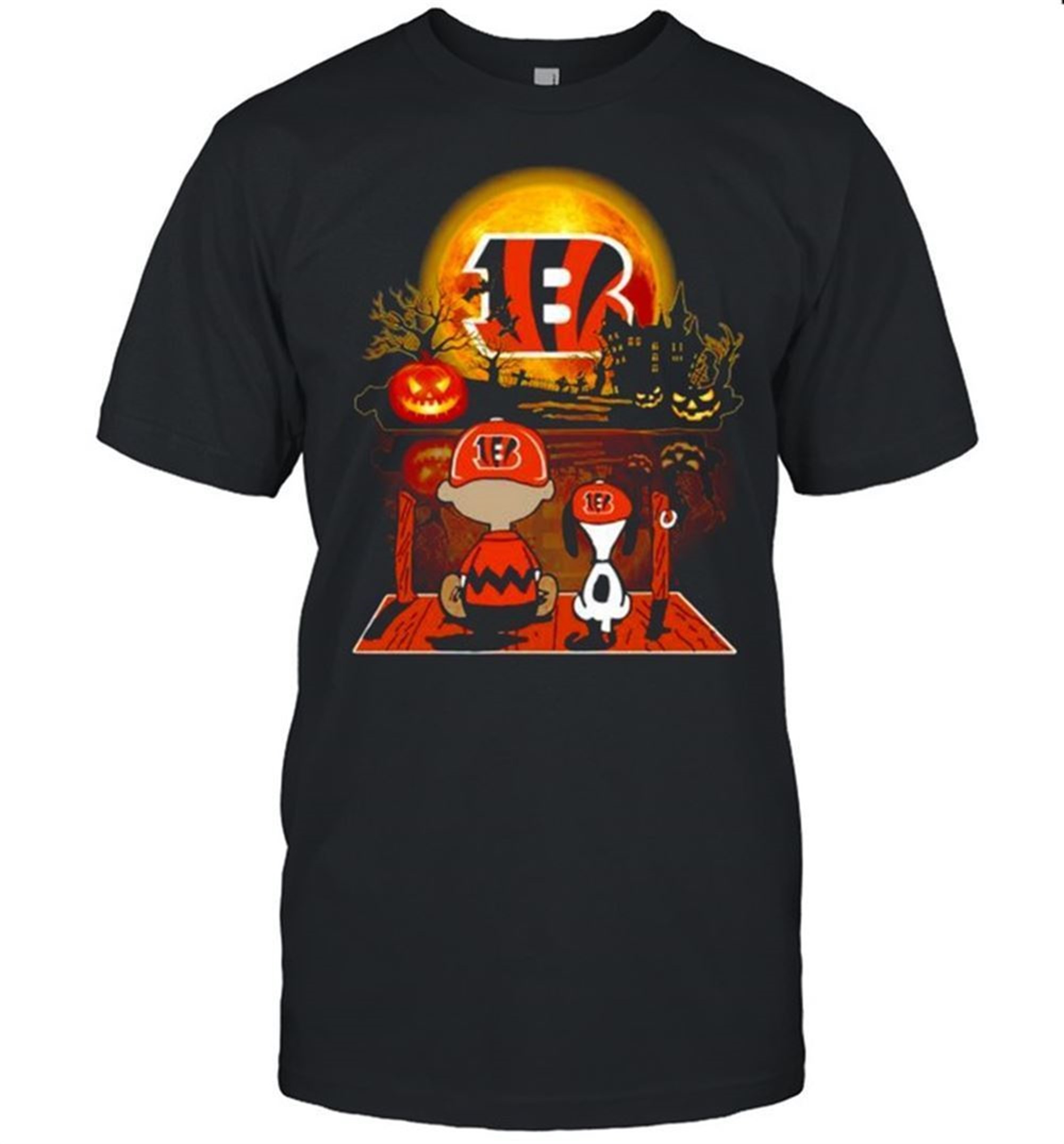 Snoopy And Charlie Brown Pumpkin Cincinnati Bengals Halloween Moon Shirt