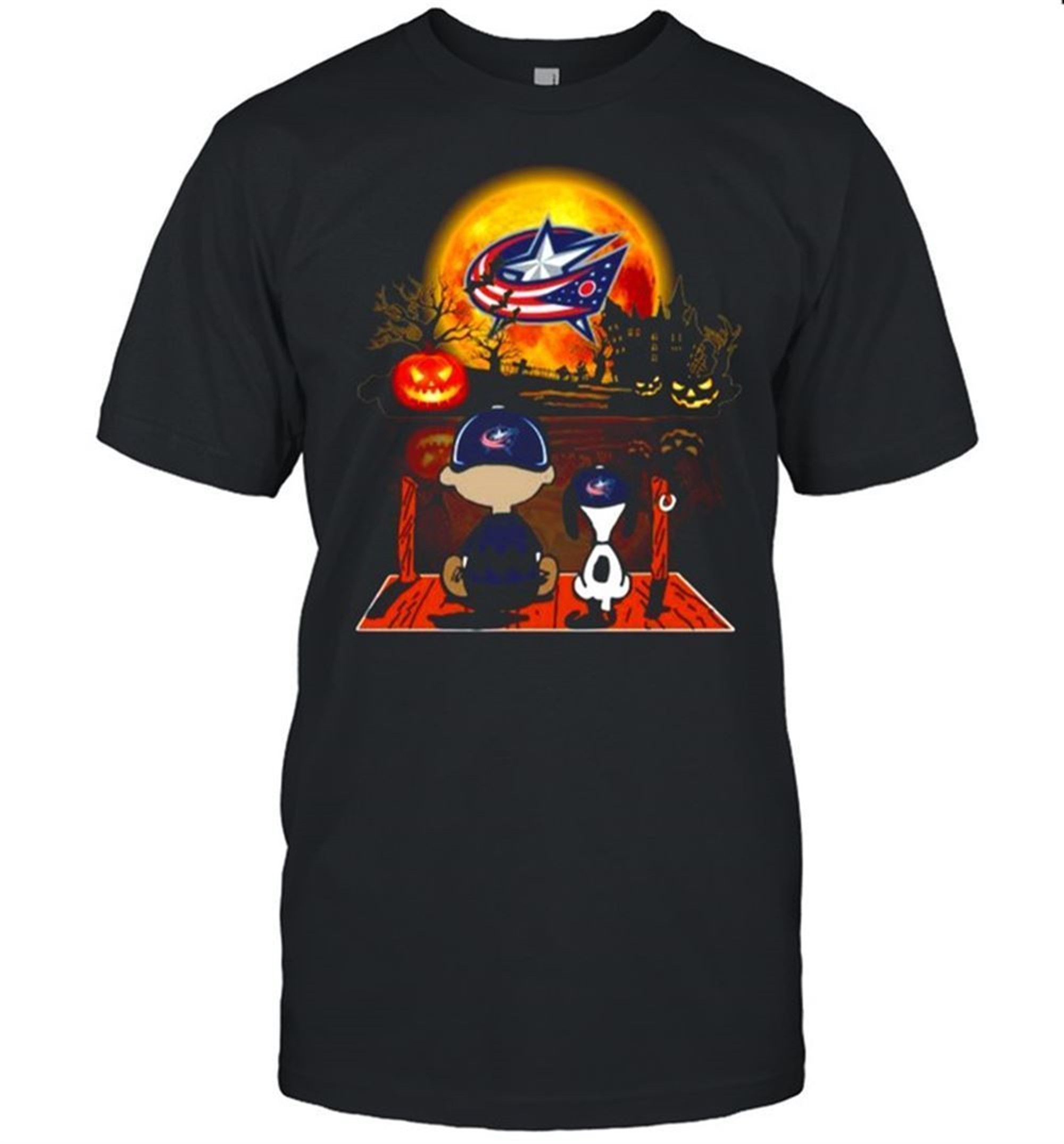 Snoopy And Charlie Brown Pumpkin Columbus Blue Jackets Halloween Moon Shirt
