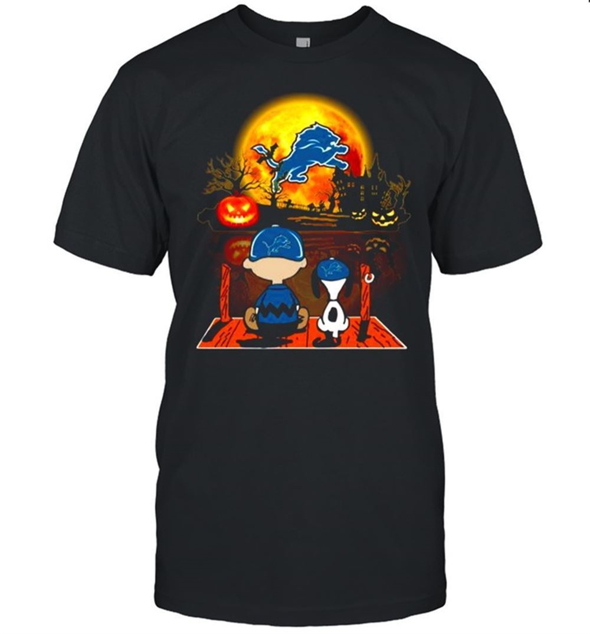 Snoopy And Charlie Brown Pumpkin Detroit Lions Halloween Moon Shirt