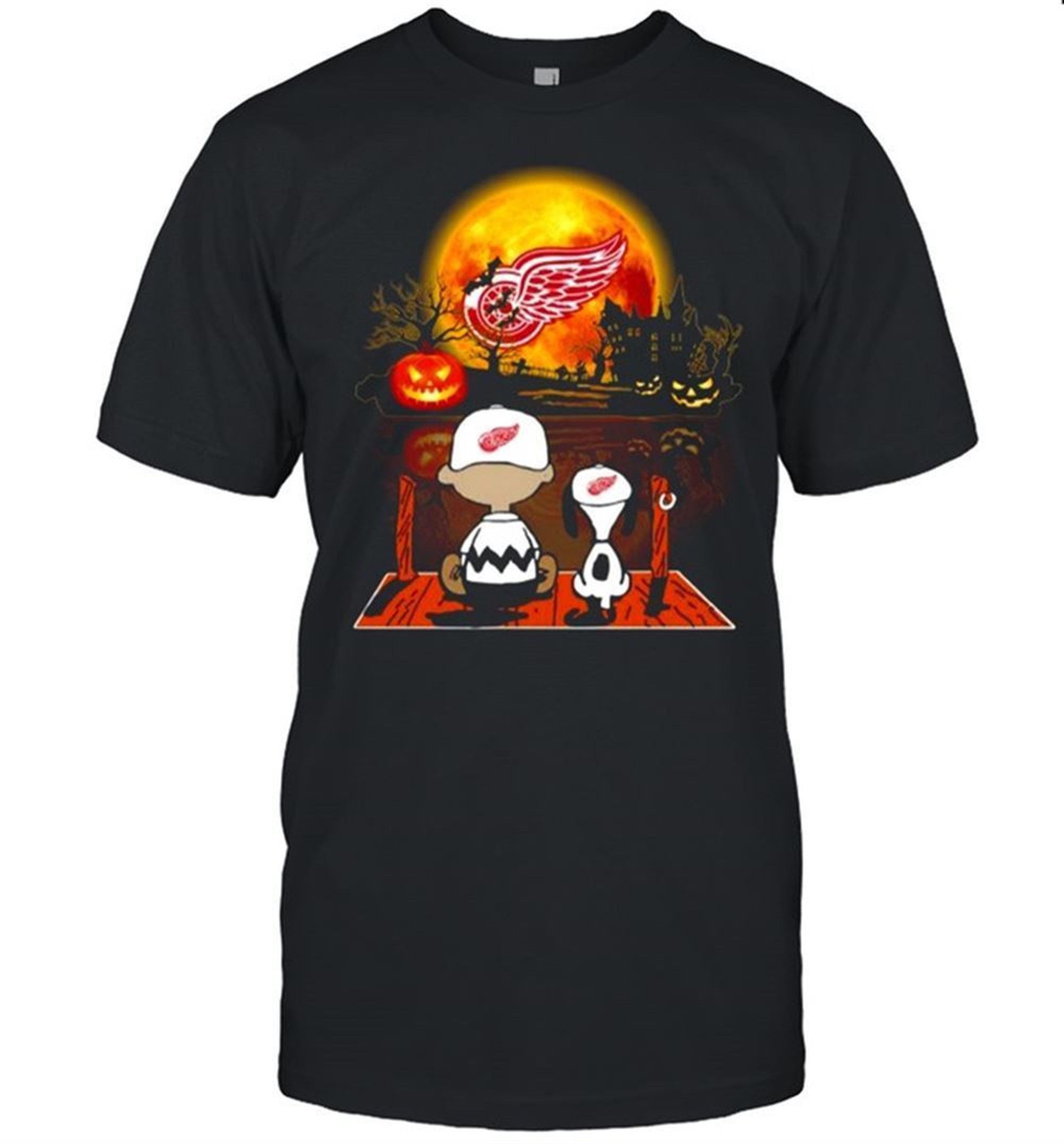 Snoopy And Charlie Brown Pumpkin Detroit Red Wings Halloween Moon Shirt