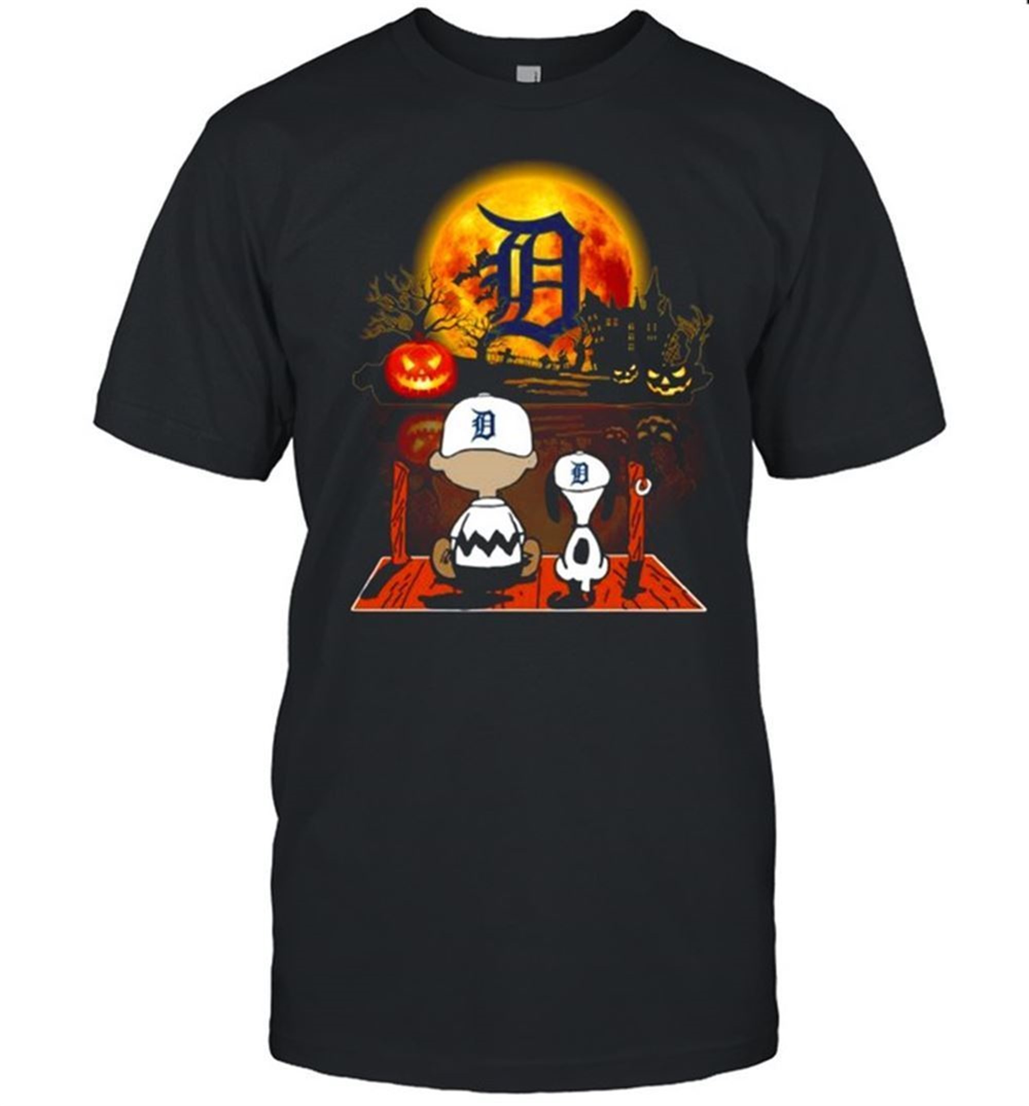 Snoopy And Charlie Brown Pumpkin Detroit Tigers Halloween Moon Shirt