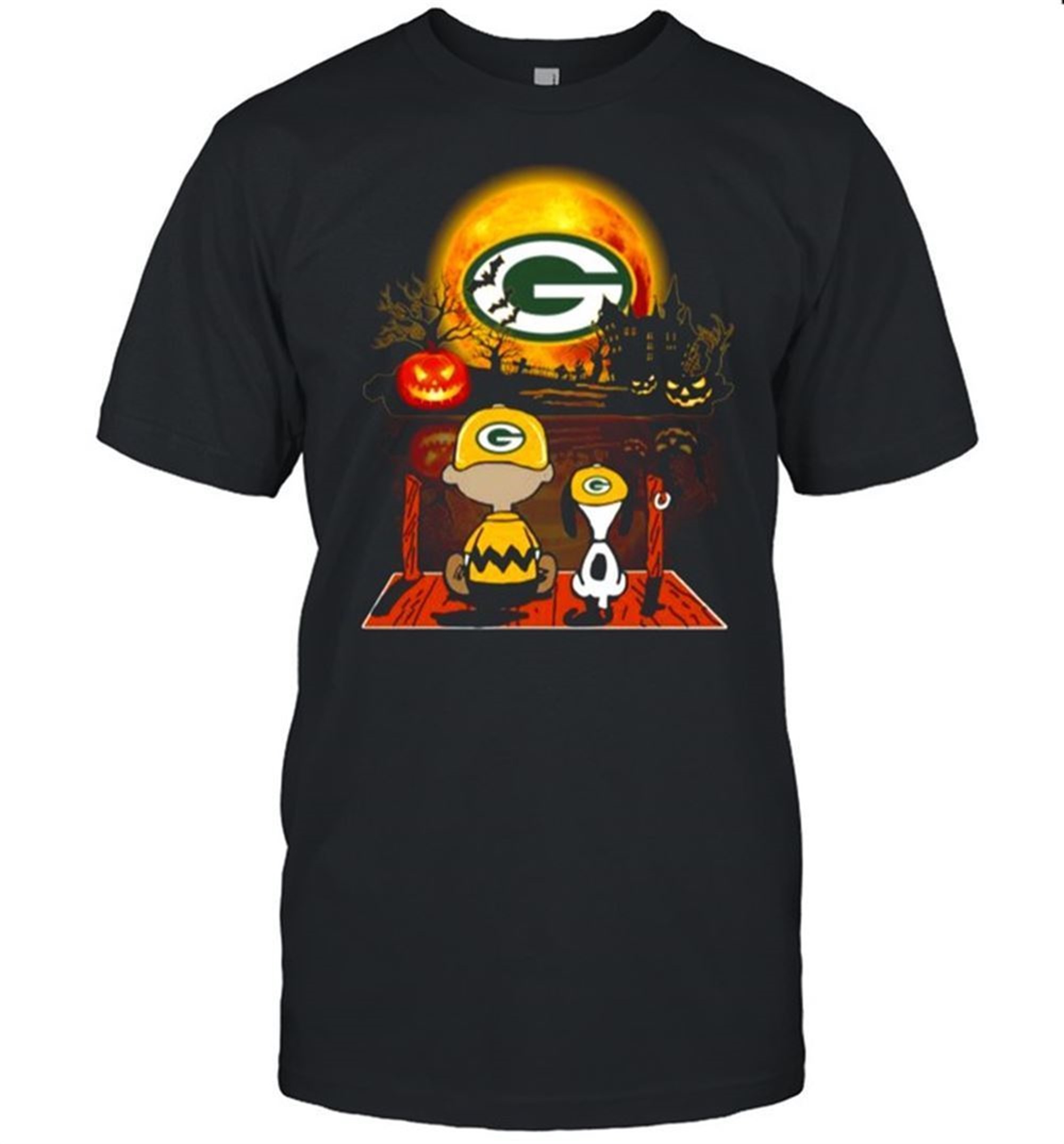 Snoopy And Charlie Brown Pumpkin Green Bay Packers Halloween Moon Shirt
