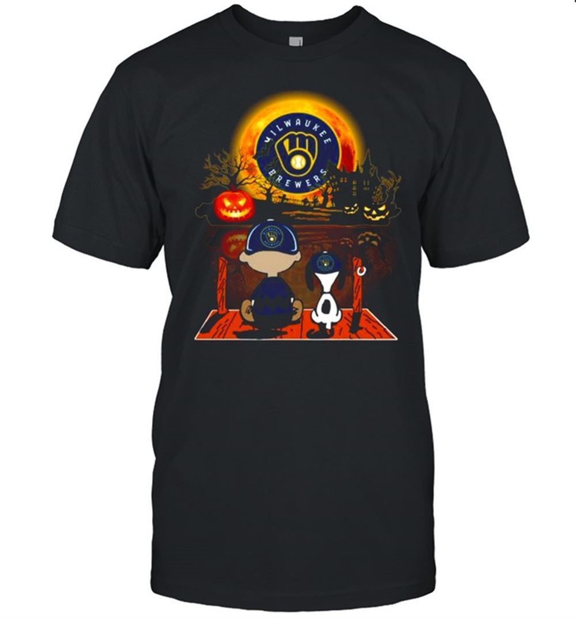 Snoopy And Charlie Brown Pumpkin Miami Milwaukee Brewers Halloween Moon Shirt