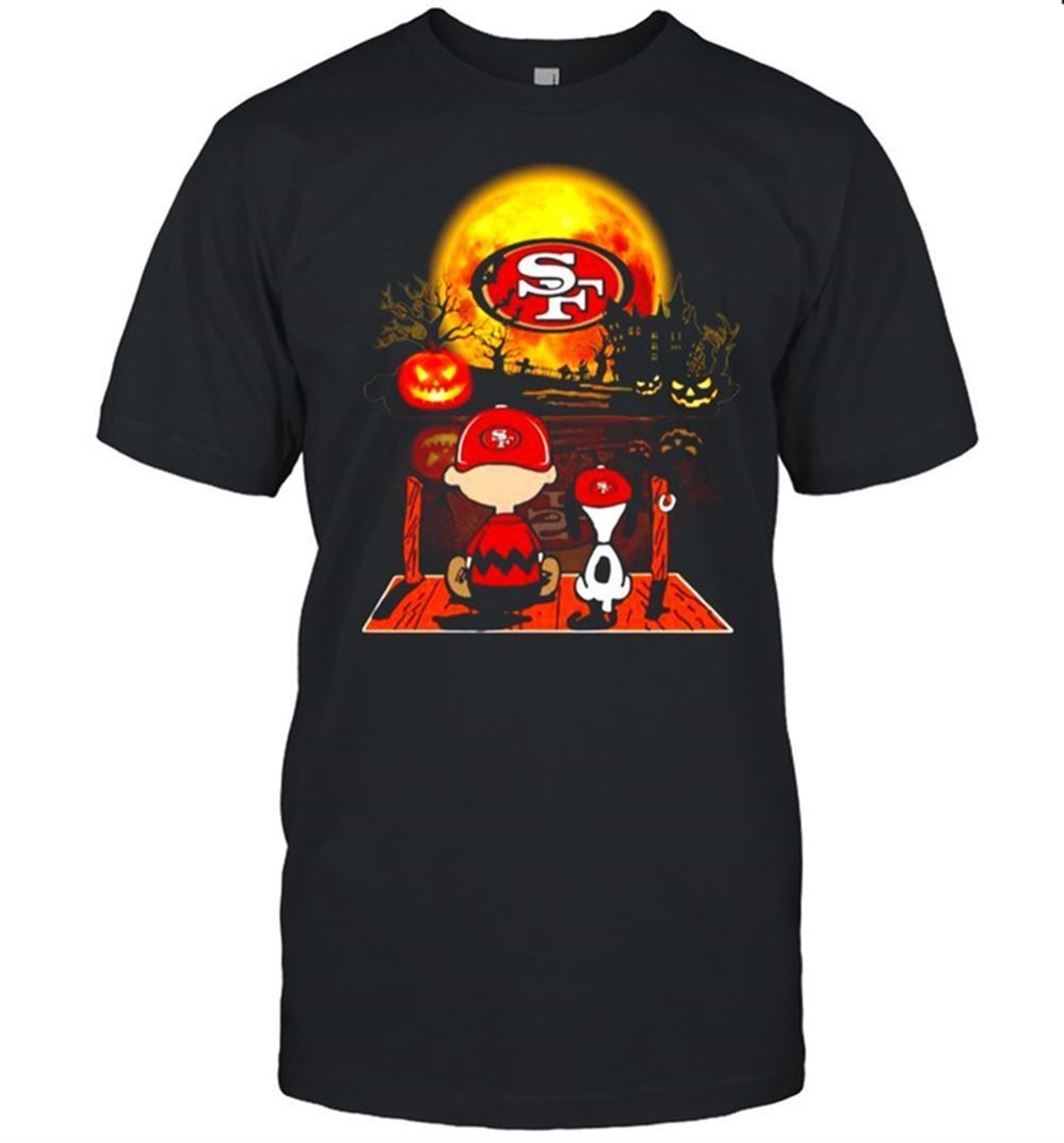 Snoopy And Charlie Brown Pumpkin San Francisco 49ers Halloween Moon Shirt