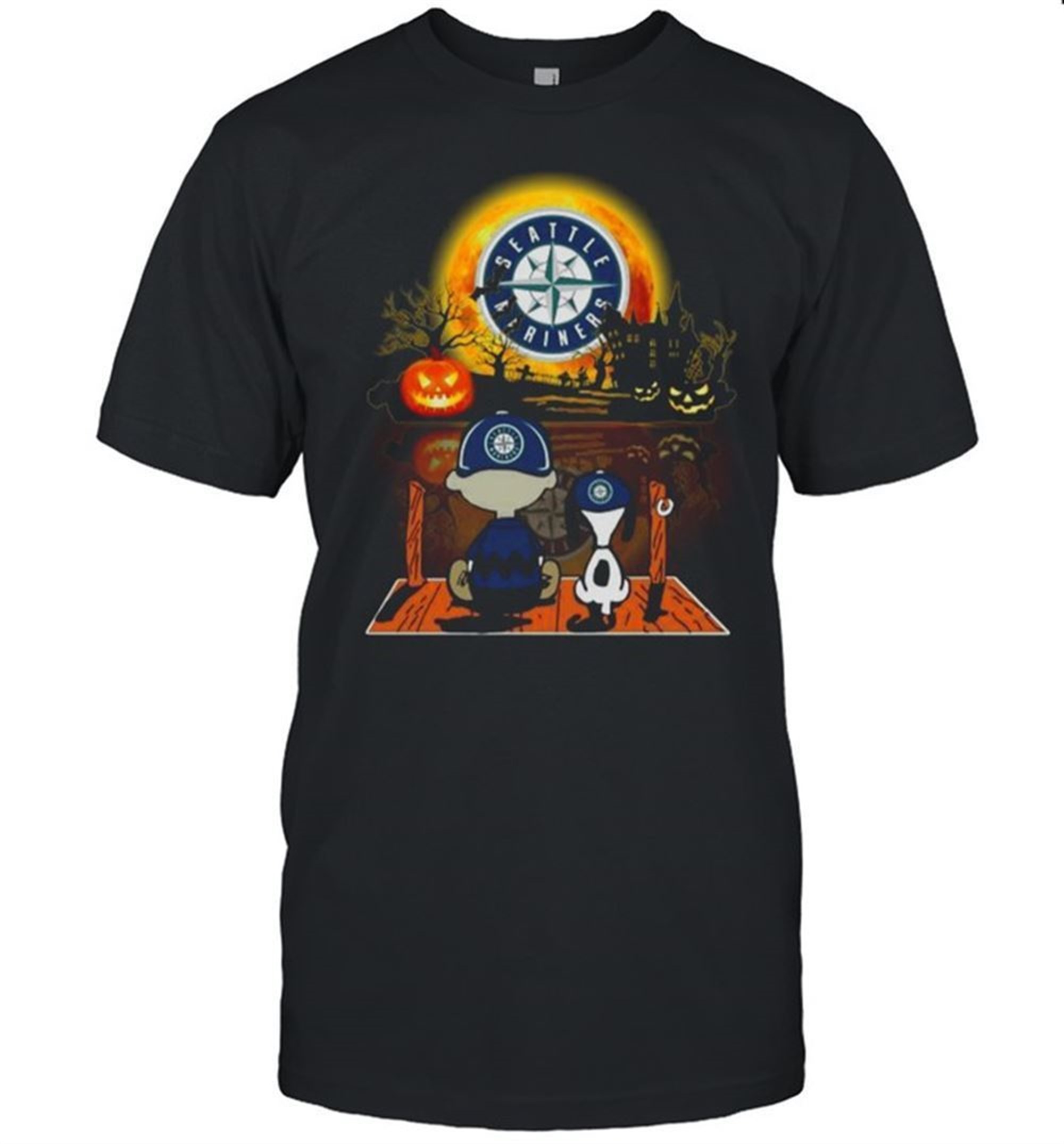 Snoopy And Charlie Brown Pumpkin Seattle Mariners Halloween Moon Shirt