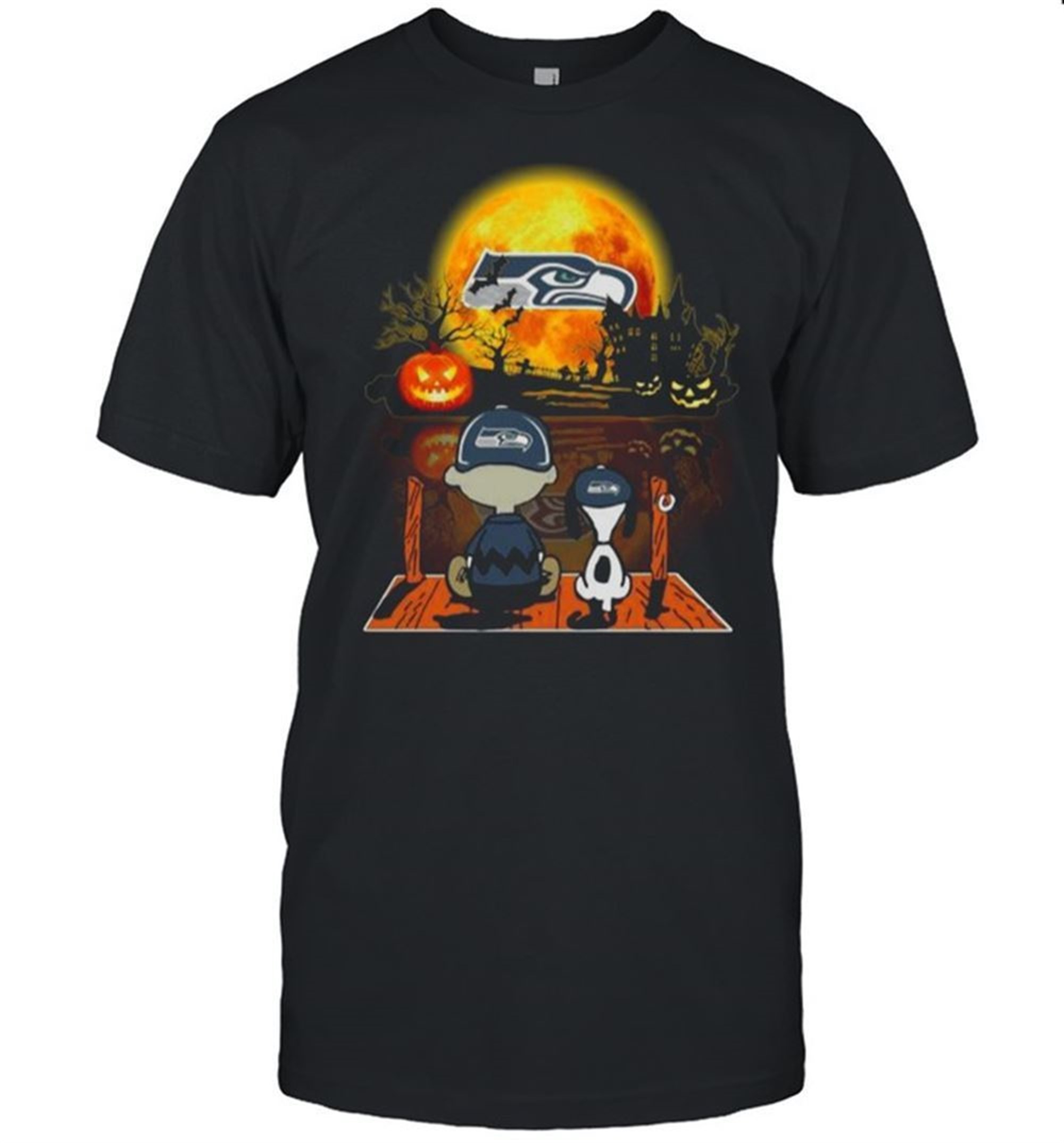 Snoopy And Charlie Brown Pumpkin Seattle Seahawks Halloween Moon Shirt