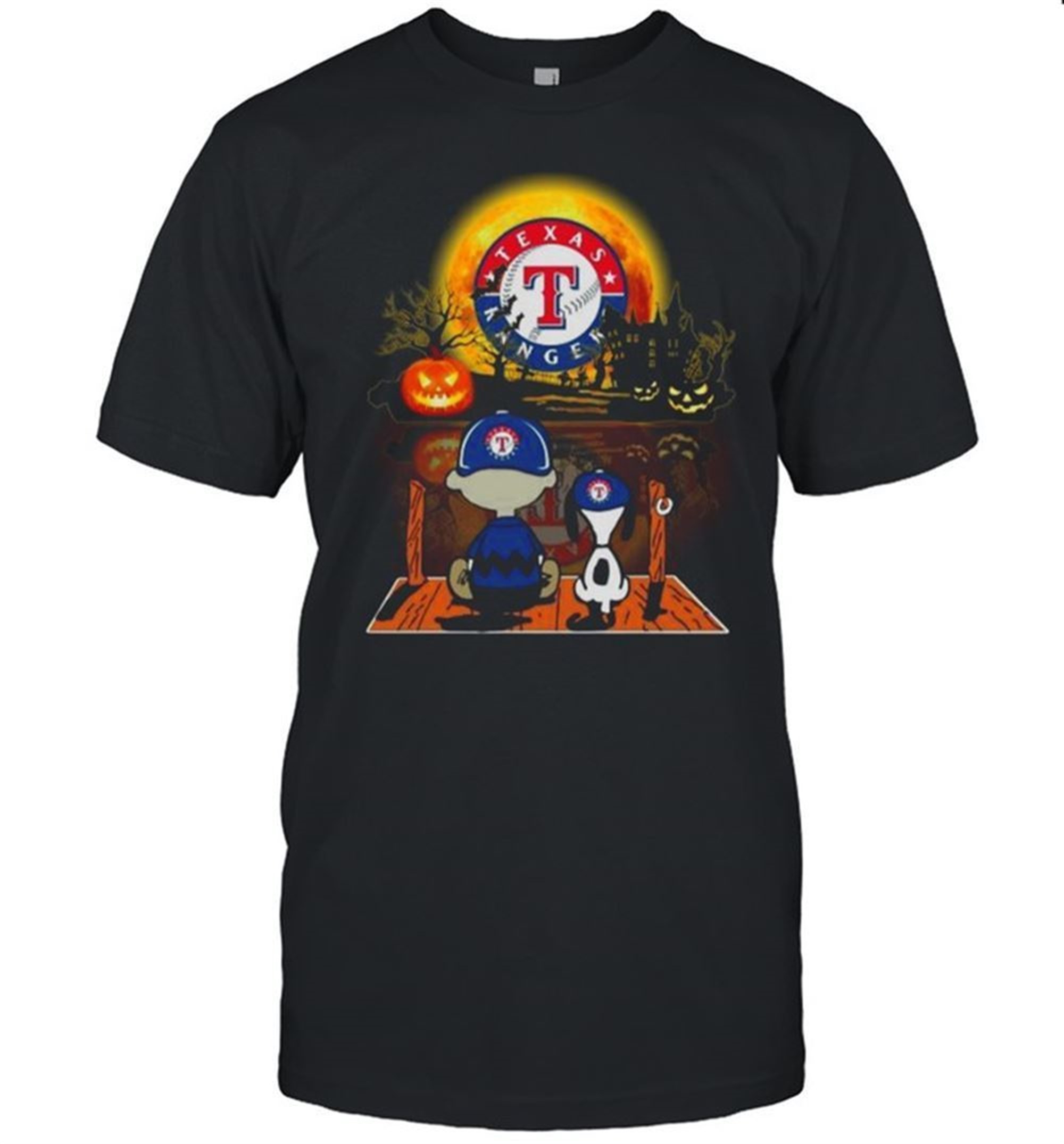 Snoopy And Charlie Brown Pumpkin Texas Rangers Halloween Moon Shirt