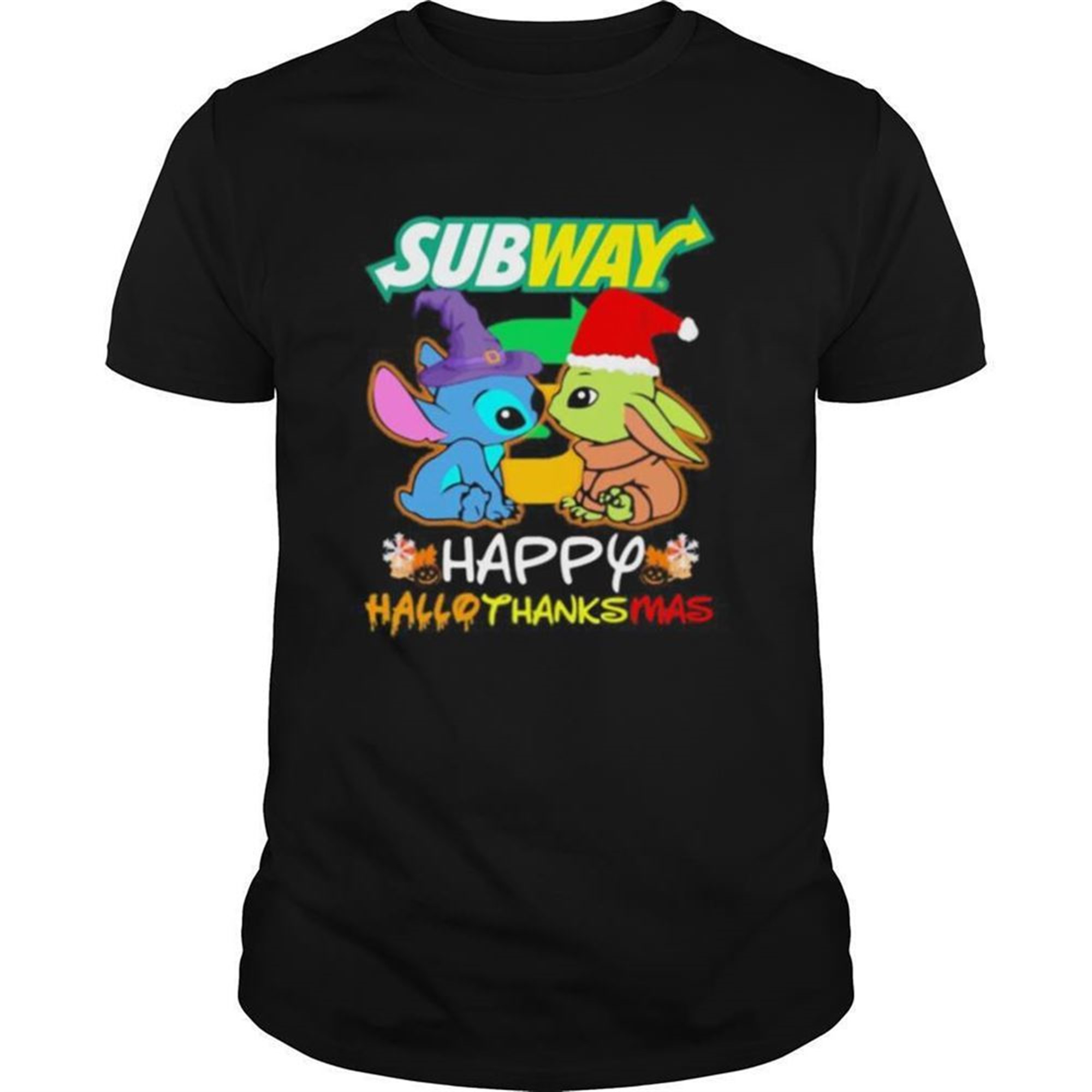 Stitch And Baby Yoda Subway Happy Hallothanksmas Halloween Thanksgiving Christmas Shirt
