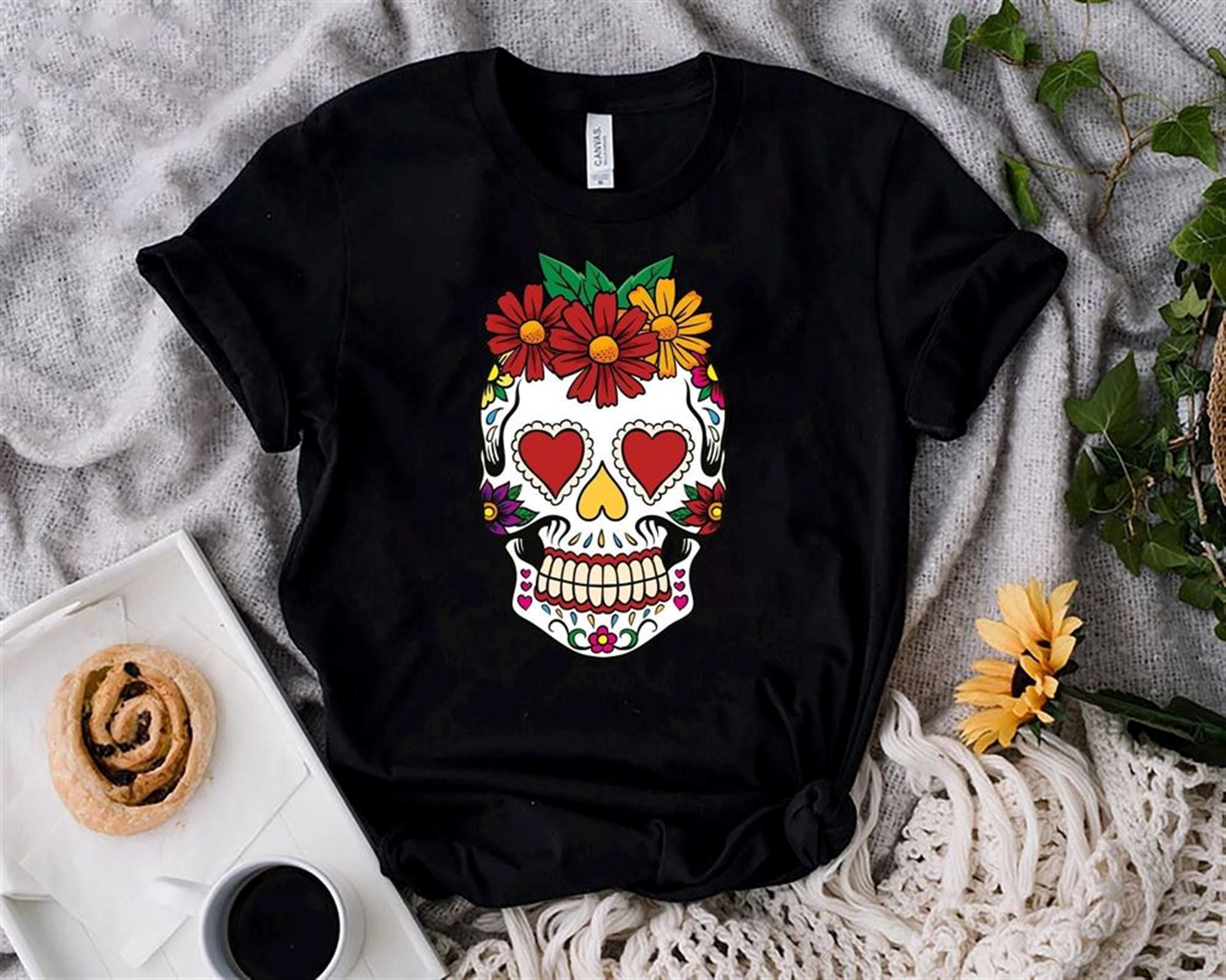 Sugar Skull Flower Crown Day Of The Dead Shirt Halloween Shirt Halloween T-shirt For Women Flower Skull Shirt Halloween Party Shirt Tee