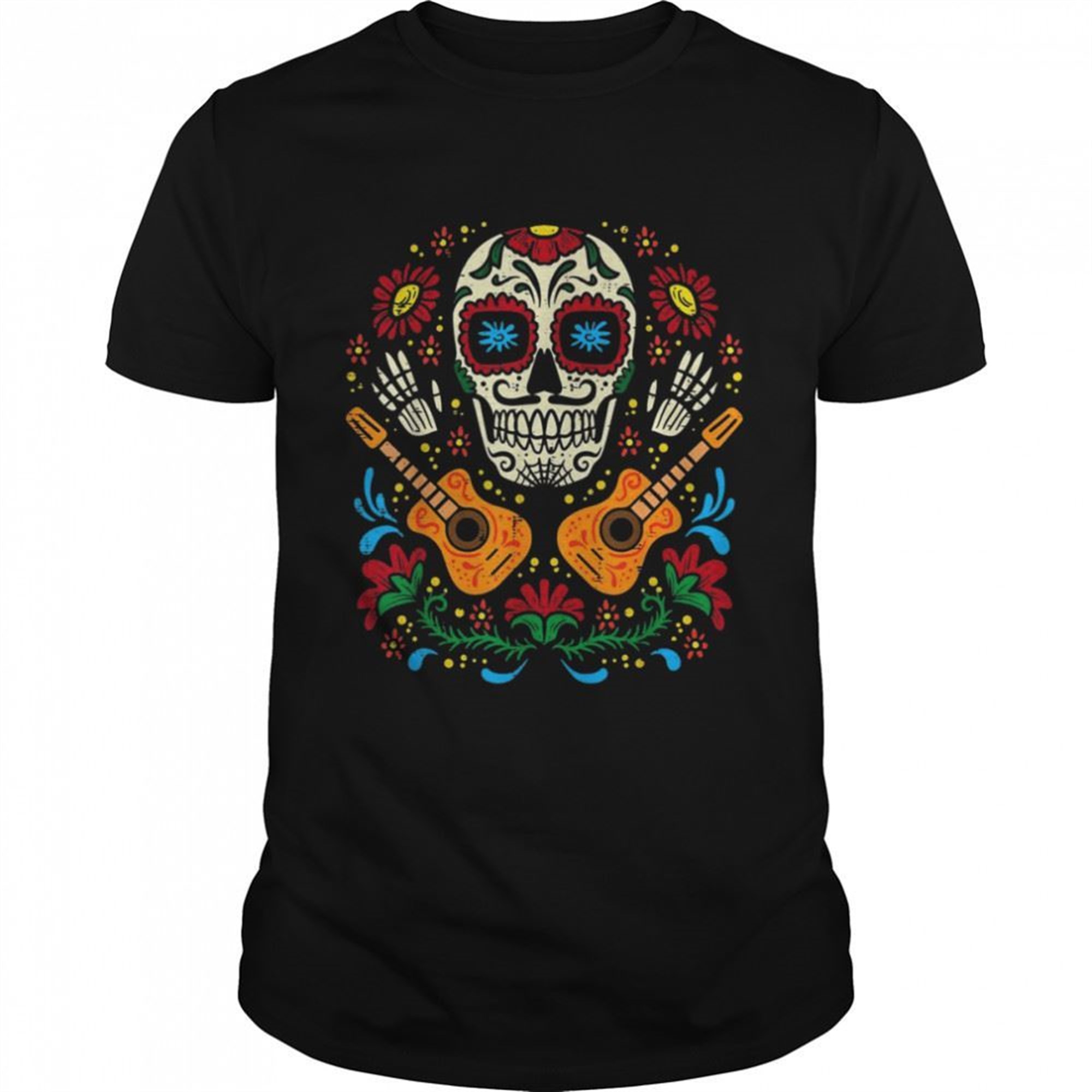 Sugar Skull Flowers Guitar Dia De Muertos Mexican Halloween Shirt