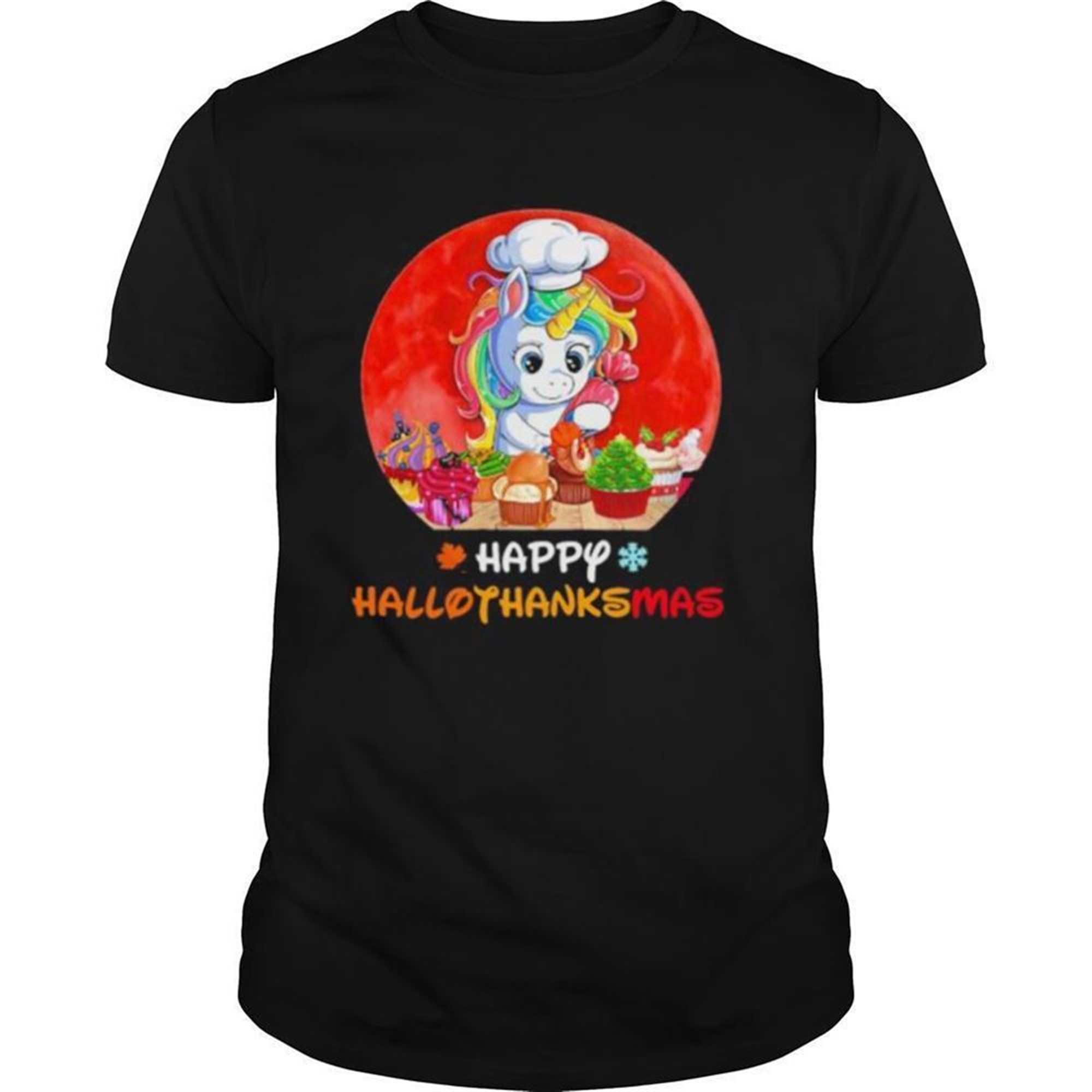 Unicorn Happy Hallothanksmas Halloween Thanksgiving Christmas Sunset Shirt