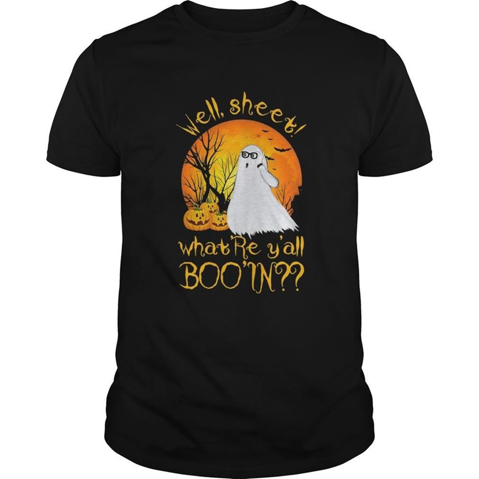 Well Sheet Whatre Yall Boo In Ghost Pumpkin Sunset Halloween Shirt