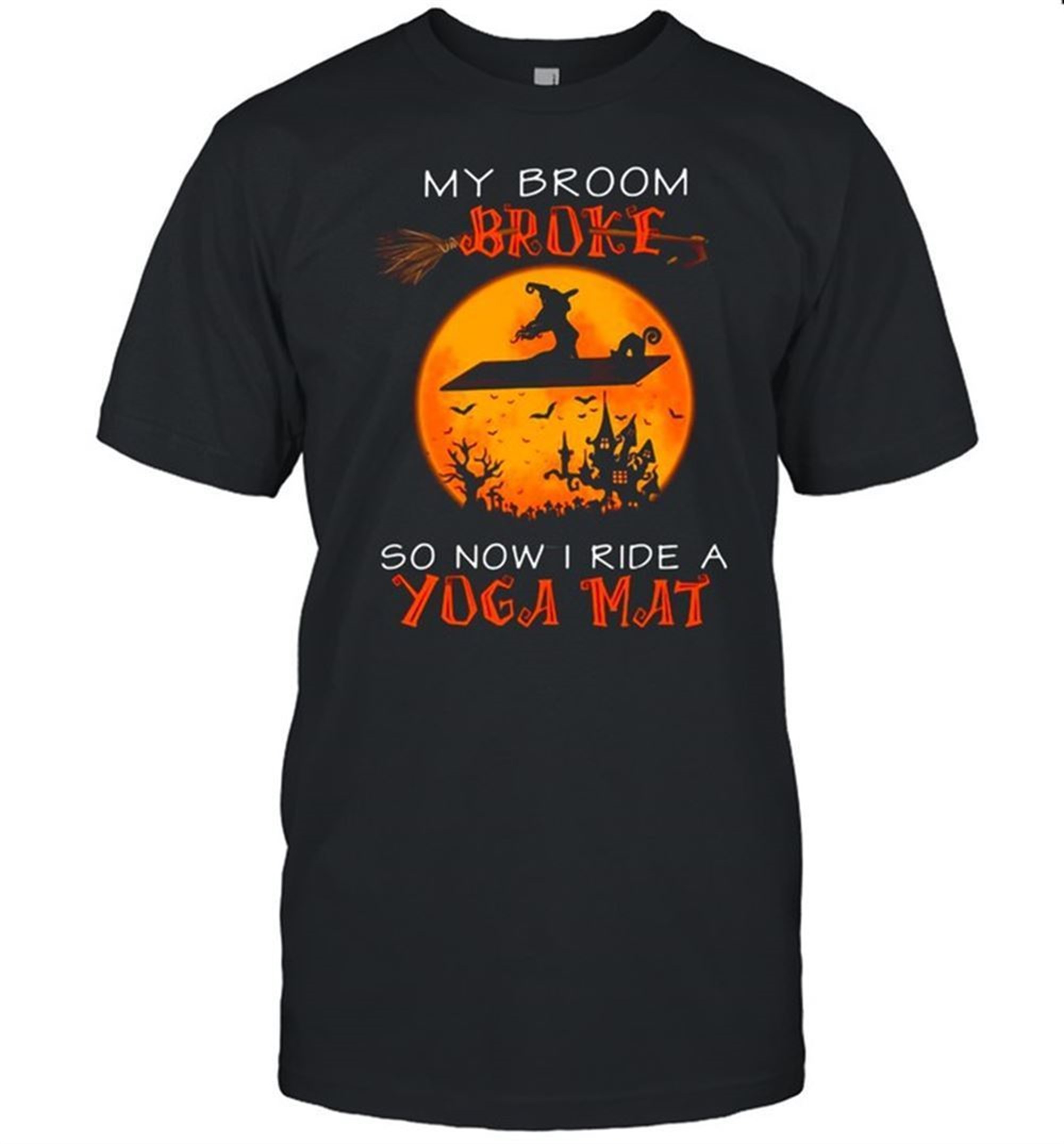 Witch And Cat My Broom Broke So Now I Ride A Yoga Mat Halloween T-shirt