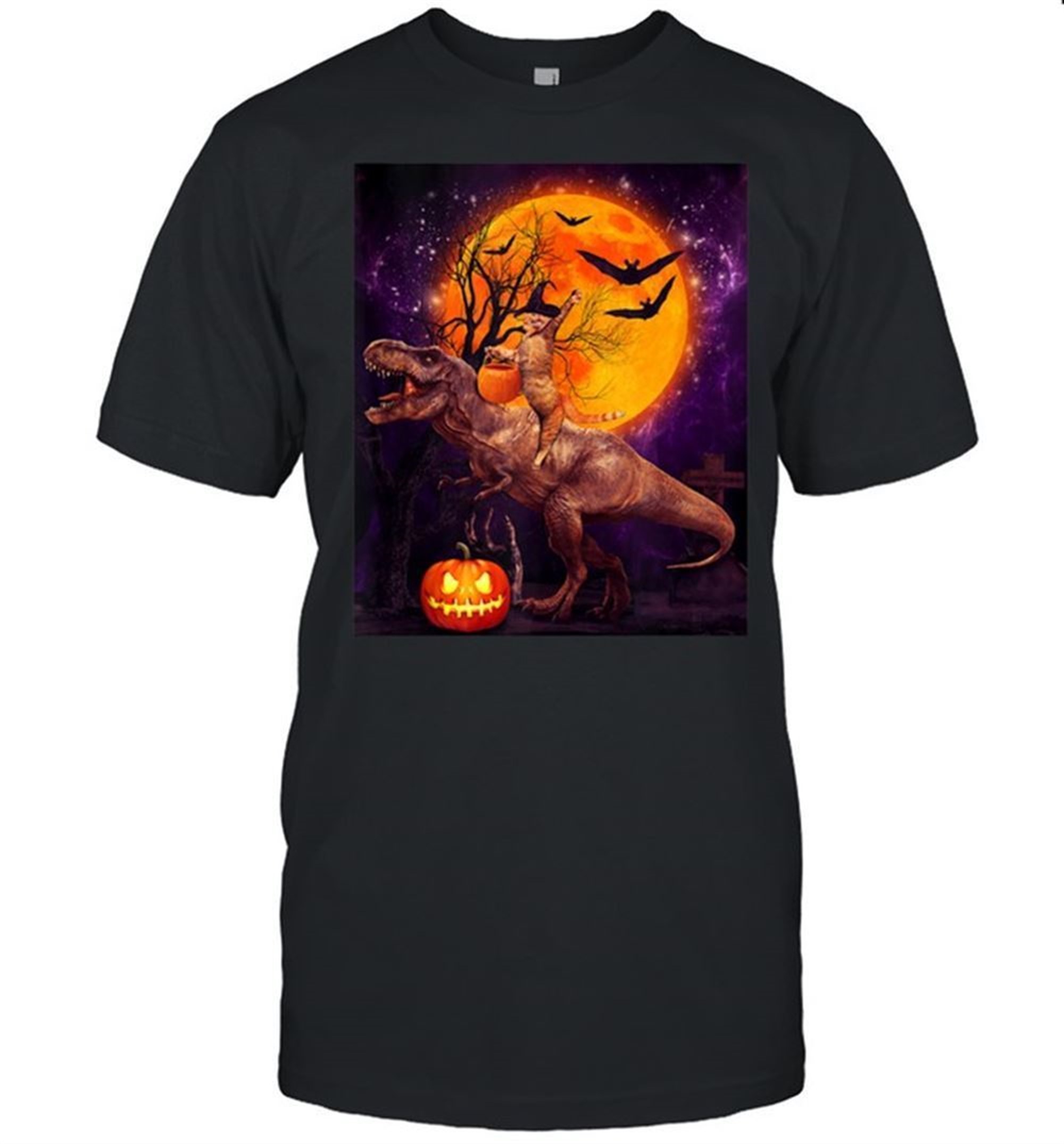 Witch Cat Ridding Dinosaur Moon Pumpkin Halloween Shirt