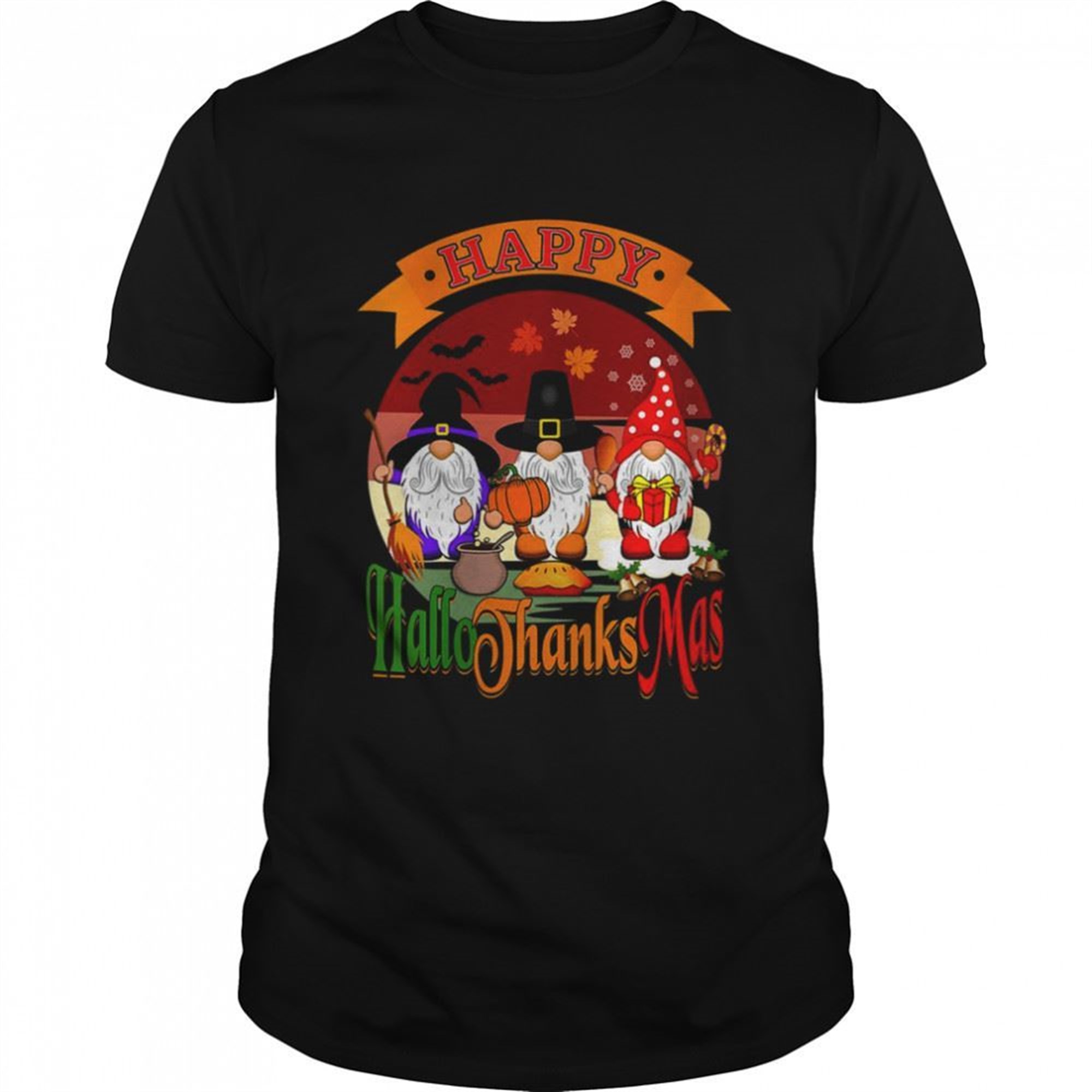 Womens Happy Hallothanksmas Gnomes Halloween Christmas Funny Thanksgiving T-shirt