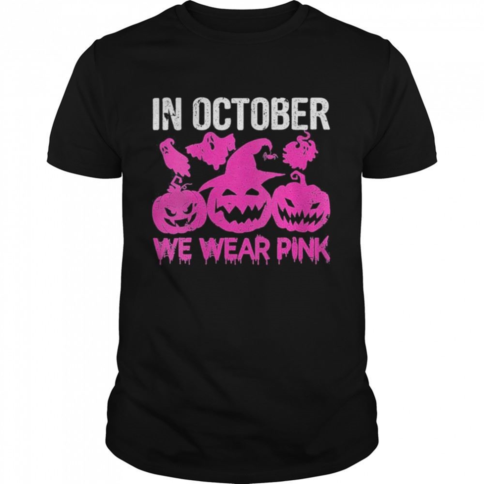 Womens In October We Wear Pink Cute Pumpkin Halloween Breast Cancer Shirt
