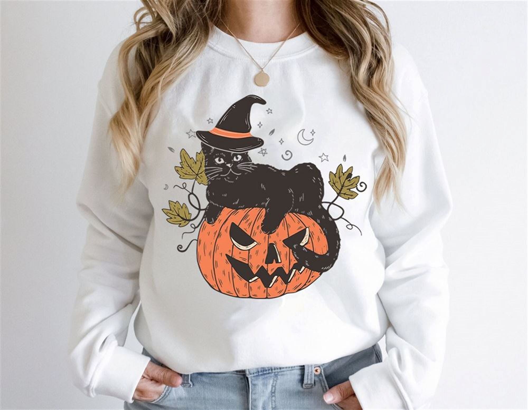 Black Cat On Pumpkin Shirt Sweater For Fall Black Cat Sweater Halloween Black Cat Design Halloween Gifts For Cat Owner Halloween Shirt