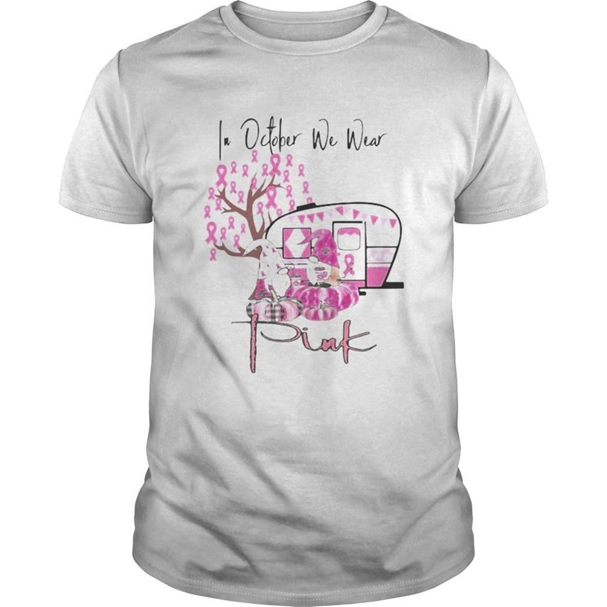 Halloween Gnomes In October We Wear Pink Pumpkin Cancer Awareness Shirt