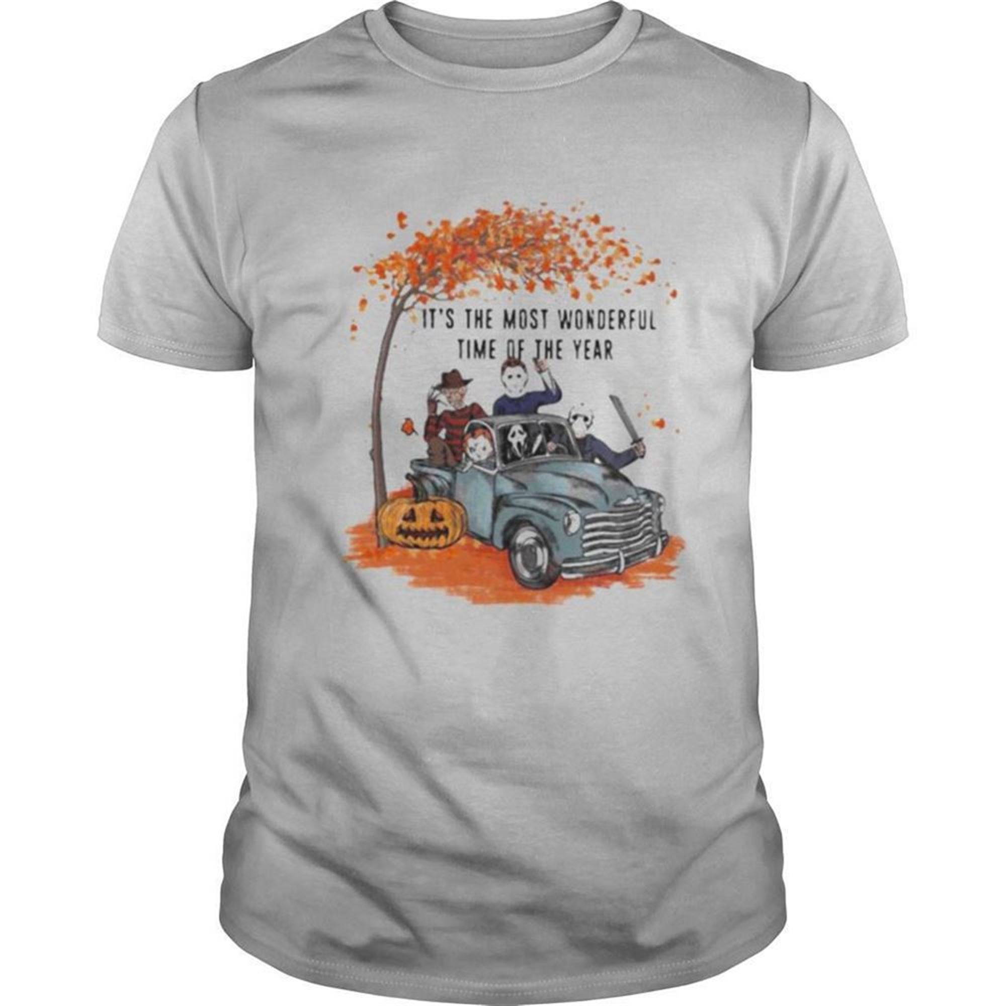 Halloween Horror Characters Riding Car Its The Most Wonderful Time Of The Year Leaves Tree Shirt