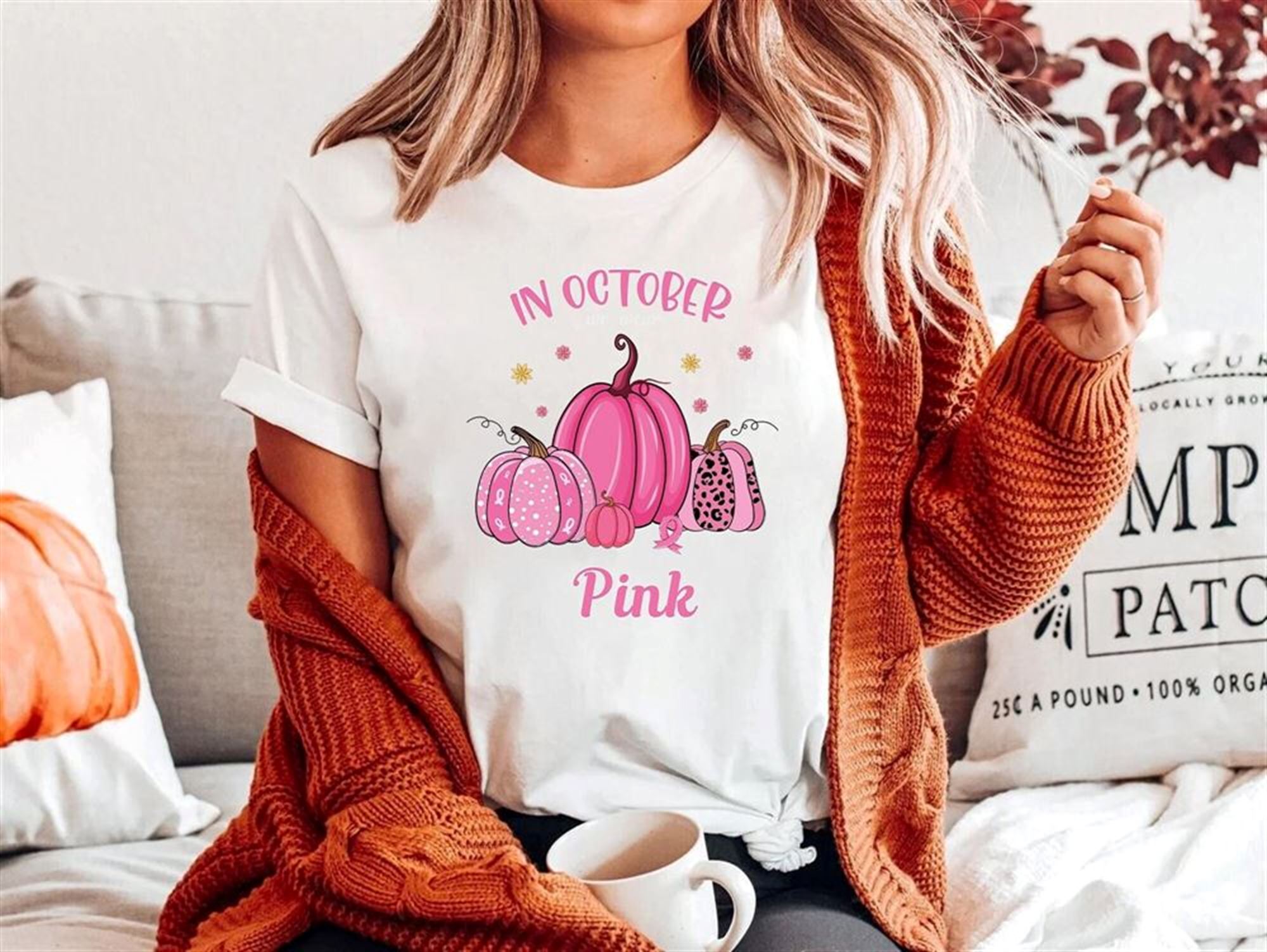 Halloween October Cancer Awareness Shirt Breas Cancer In October We Wear Pink T-shirt Cancer Support Gift Tee Halloween Pumpkin Shirt Tee