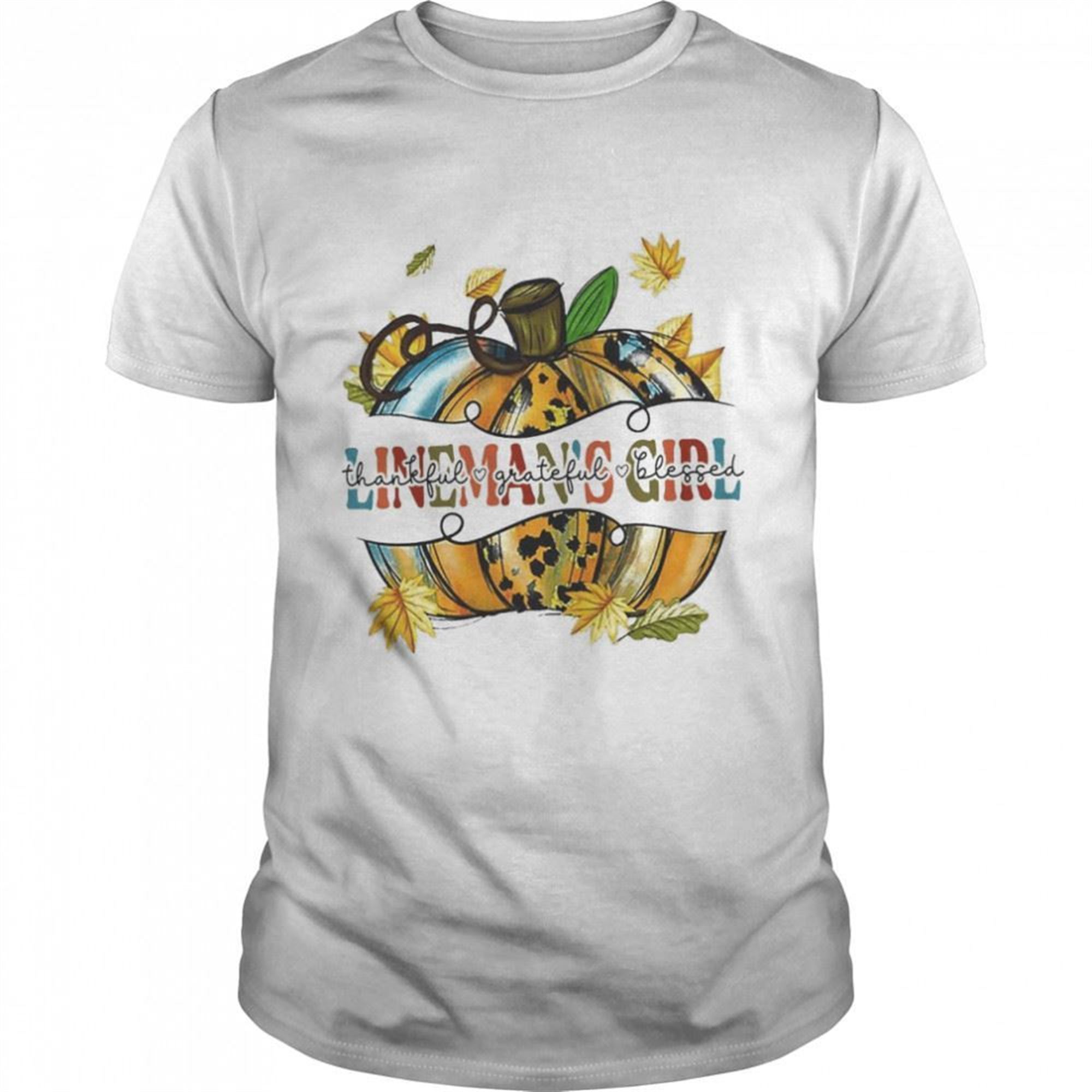 Linemans Girl Thankful Grateful Blessed Leopard Pumpkin Halloween Shirt