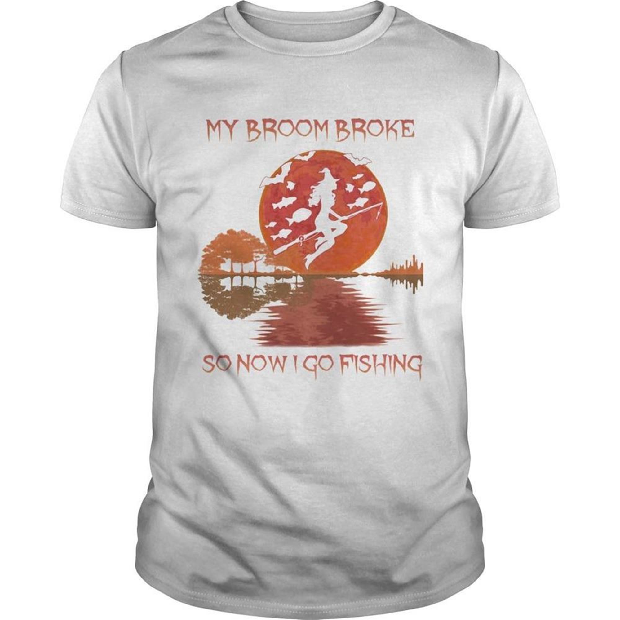 My Broom Broke So Now I Go Fishing Lady Sunset Halloween Shirt