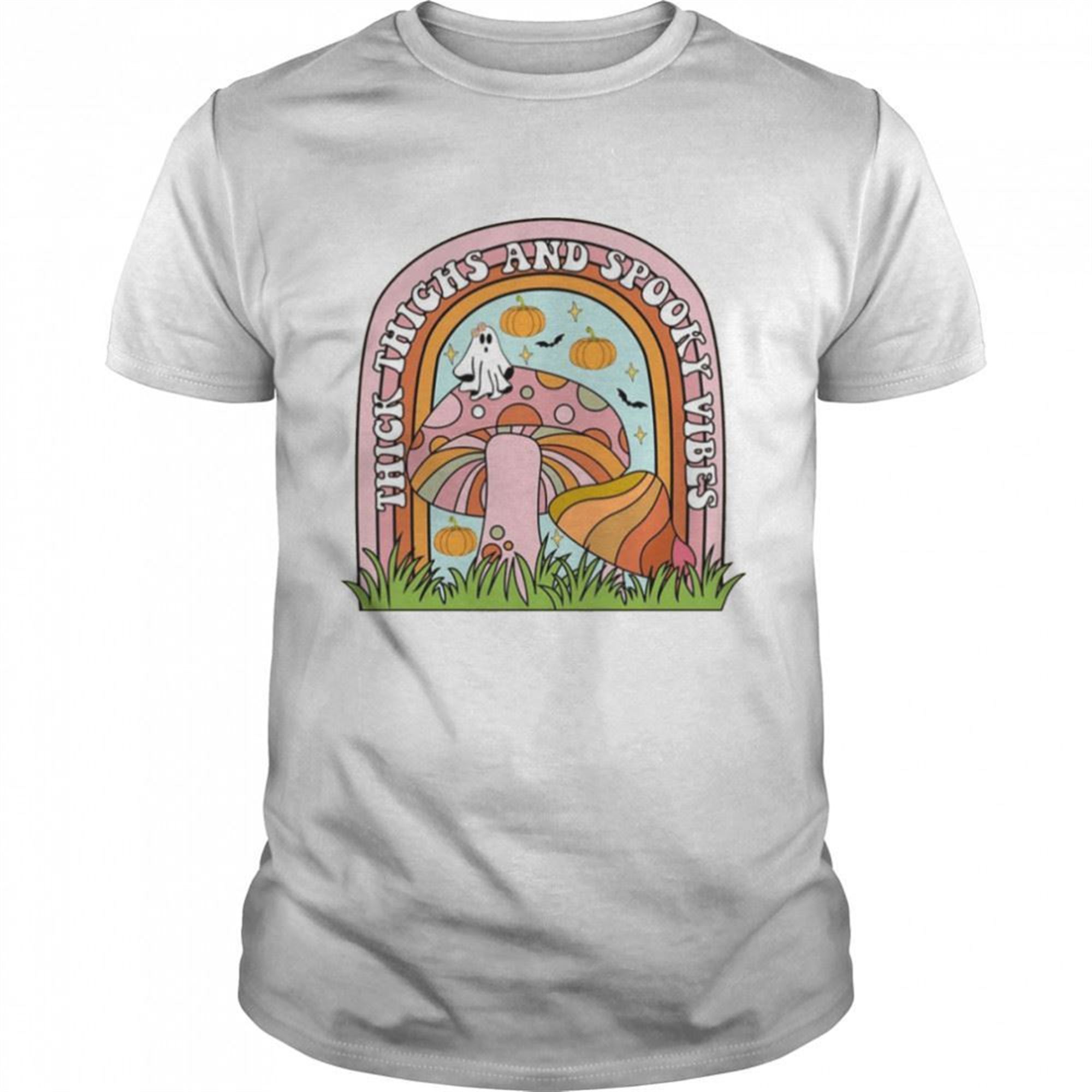Retro Thick Thighs And Spooky Vibes Halloween Mushroom Bat Star Cottagecore Style Shirt
