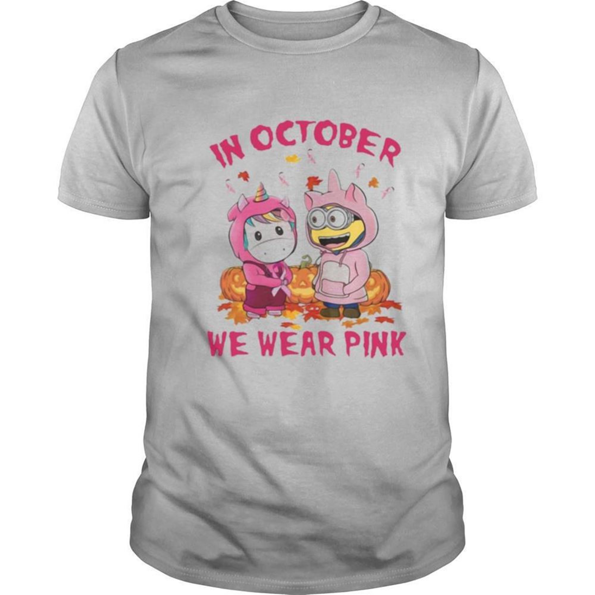 Unicorn And Minions Pumpkin In October We Wear Pink Halloween Shirt